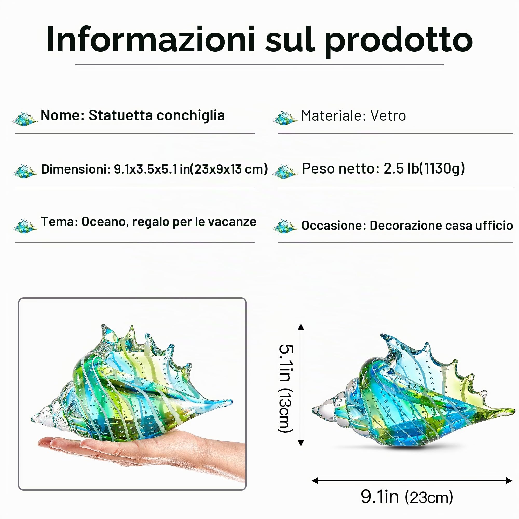 EUSTUMA Conchiglia in vetro soffiato a mano, animali marini, decorazione per la casa, collezione di animali marini, regalo di compleanno (Conch 1)