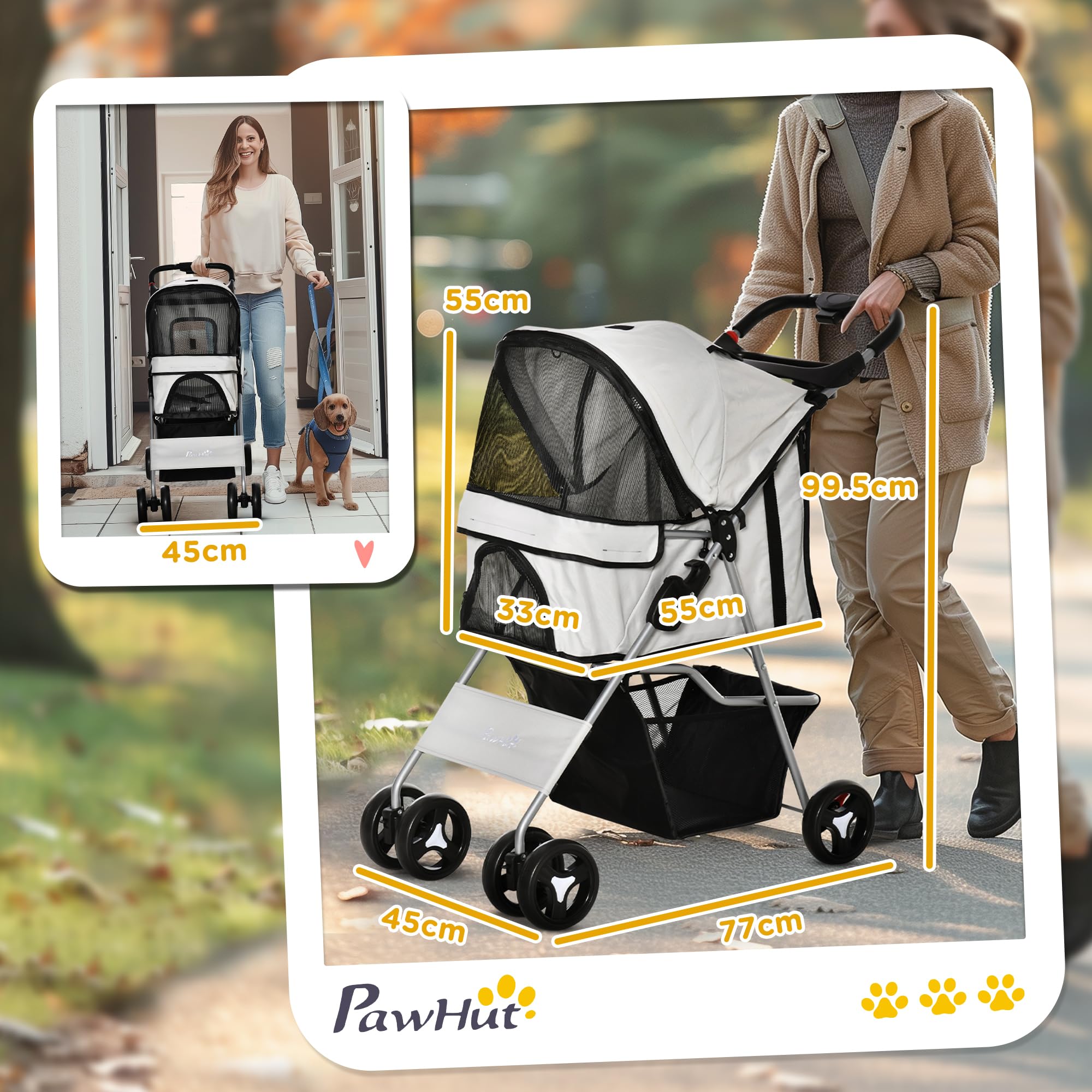 PawHut Passeggino per Cani Piccoli Pieghevole, Carrozzina per Cani con Ruote con Freni, Portabicchieri, Cestino Portaoggetti, 3 Finestre e Ruote Anteriori a 360°, per Animali Domestici 10 kg, Grigio