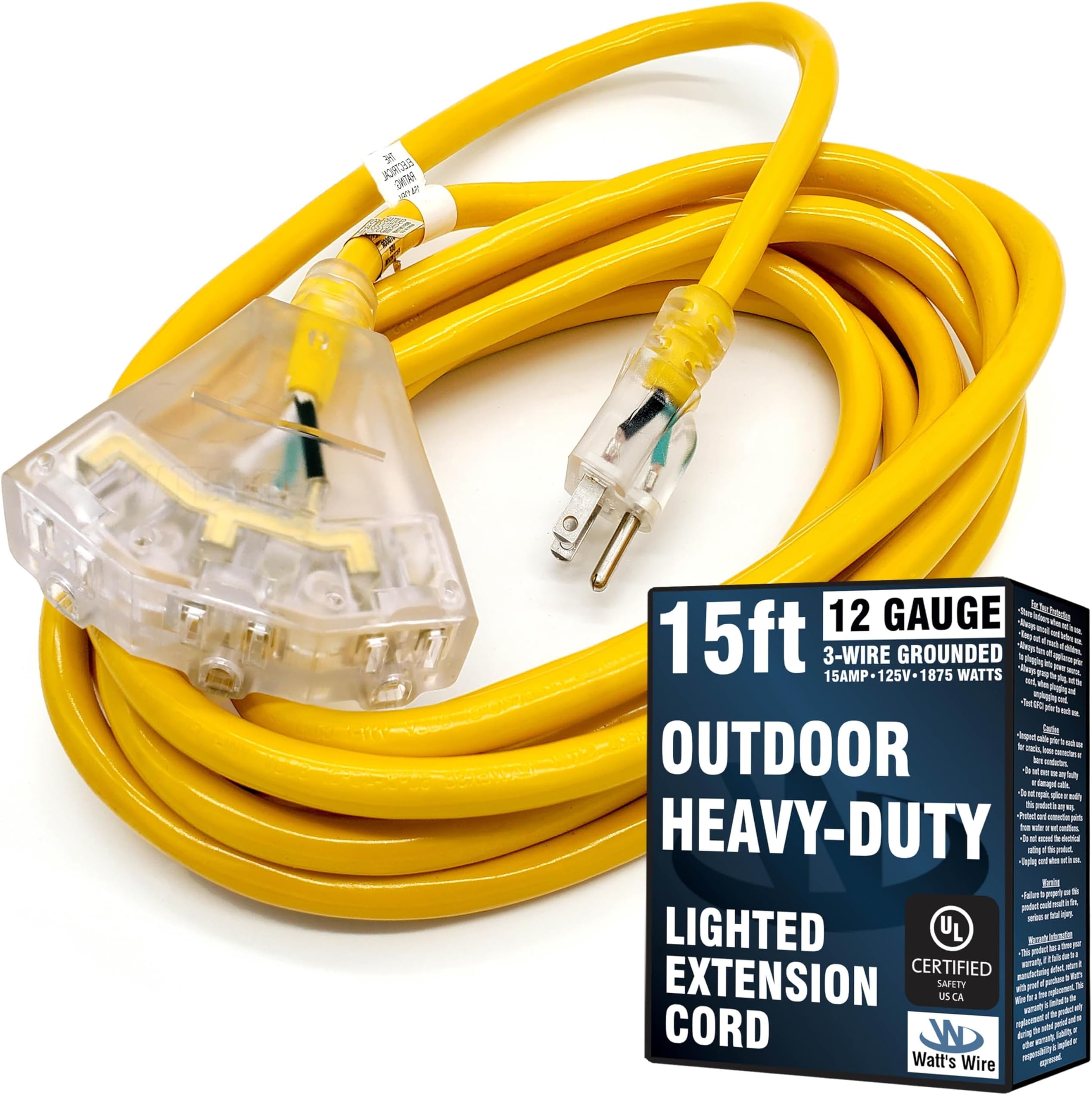 - 15 ft Outdoor Extension Cord Waterproof - 12 Gauge Heavy Duty Extension Cord 15 ft - Lighted Outdoor Extension Cords with Multiple Outlets - Watts Wire - 15' Grounded - extensiones electricas