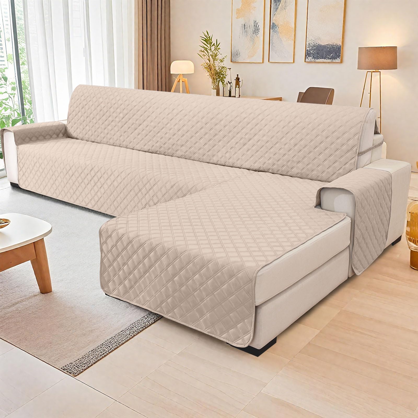 YSTELLAA 100% Impermeable Fundas para Sofa Chaise Longue 4 Plazas(L 280 CM), Cubre Sofas Chaise Longue Izquierdo/Derecho Reversible, Protector Sofa Chaise Longue Gato Perro, Beige