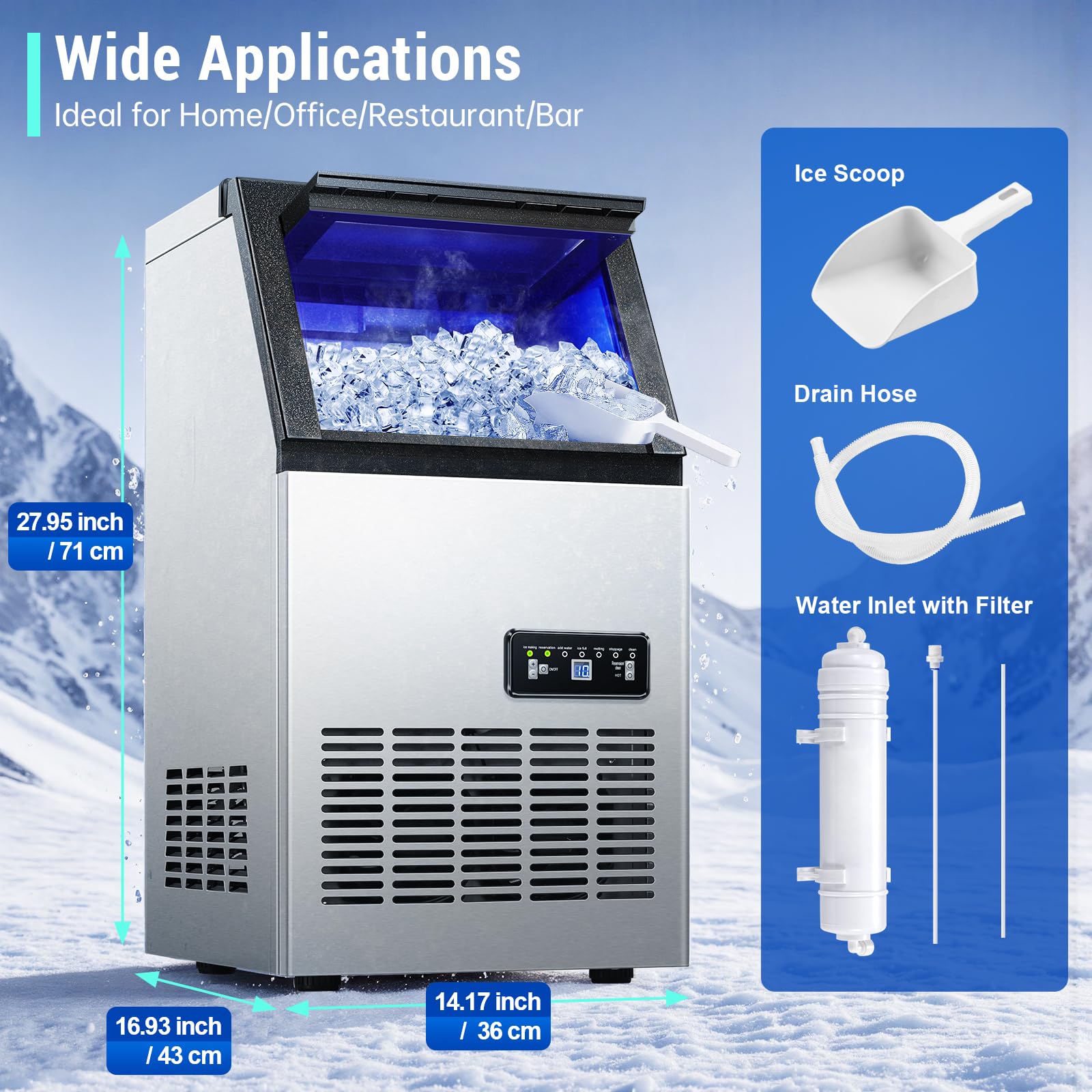Amzgachfktch Commercial Ice Maker, 120 lbs/24H Ice Machine, 2 Water Inlet Modes, Under Counter Ice Maker with 33 lbs Storage, Auto Self-Cleaning, Freestanding Ice Machine for Home Office Bar
