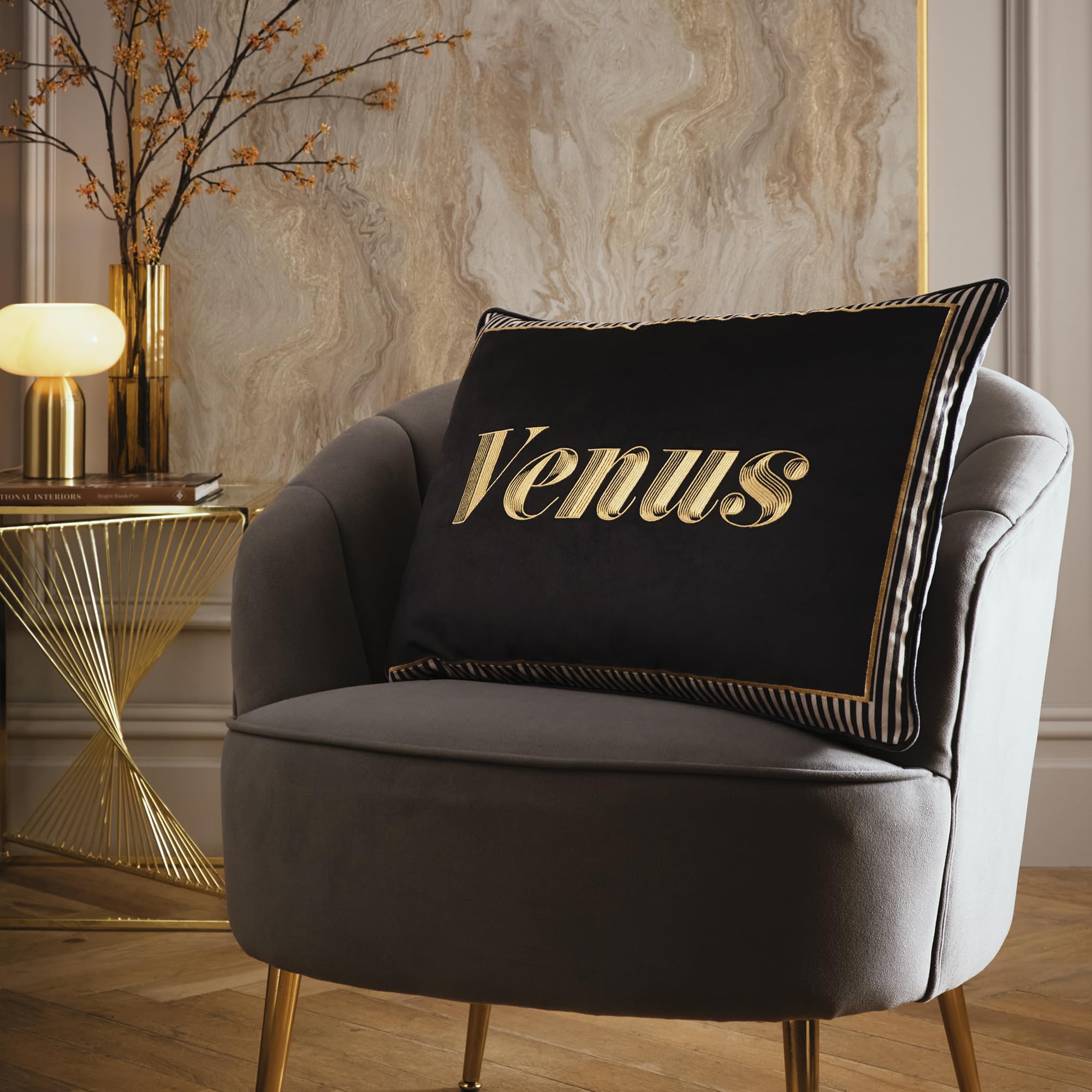 Laurence Llewelyn‑Bowen Venus Signature Cushion 40 x 60cm Black – Soft Velvet Decorative Design with Piped Edge, Filled Pad Included