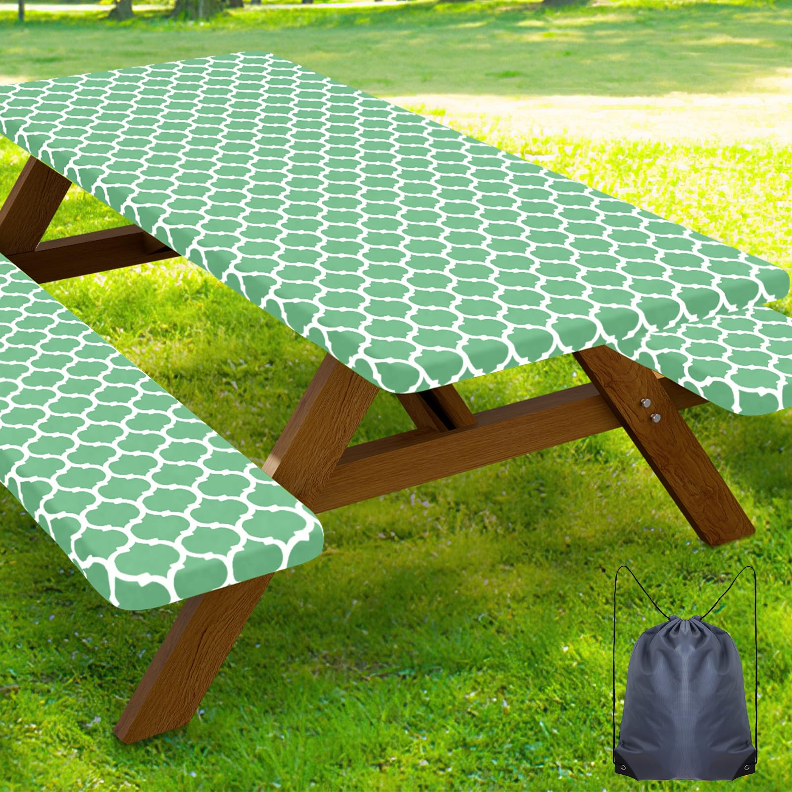 Smiry Picnic Table Cover with Bench Covers, Waterproof Elastic Fitted Tablecloth for 5 Foot Tables, Washable Polyester Tablecloths for Camping, Indoor &amp; Outdoor (Sage Green, 30x60 Inch 3-pc Set)