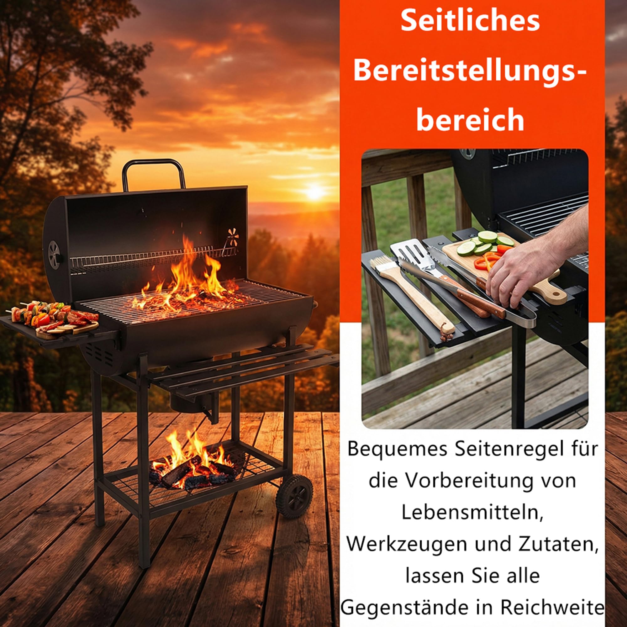 Huacan Holzkohlegrill Groß mit Deckel und Gusseisen Grillrost, Edelstahl Kohlegrill Wagen mit 2 Holzplattenhalter, Rädern und Heißschutzgriff. Grillofen für Garten, Terrasse, Camping 112 * 63 * 97CM
