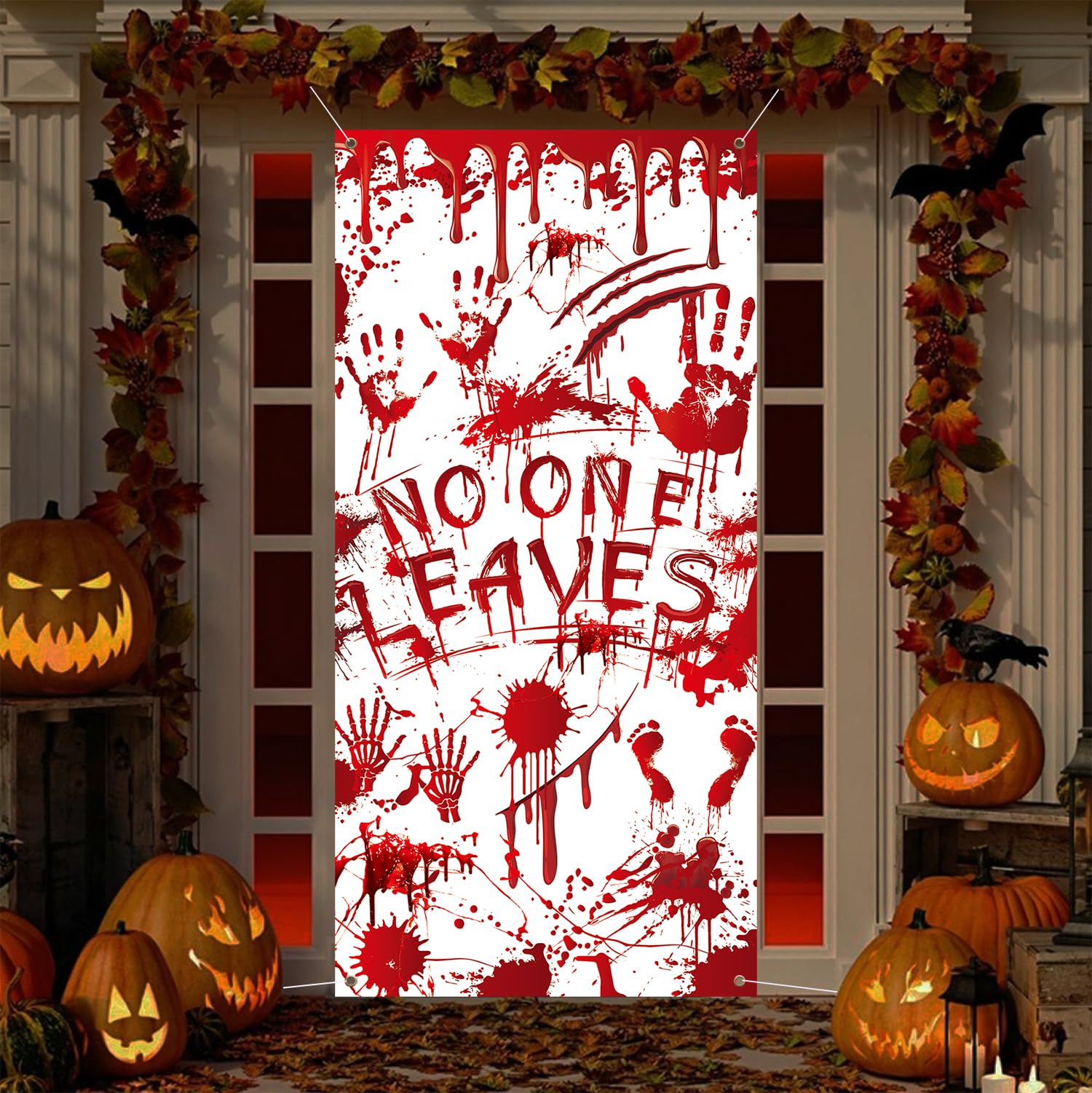 XINDY Halloween Door Banner Blood No One Leavers Door Cover Scary Halloween Decorations for Front Door Porch Outdoor Door Decorations