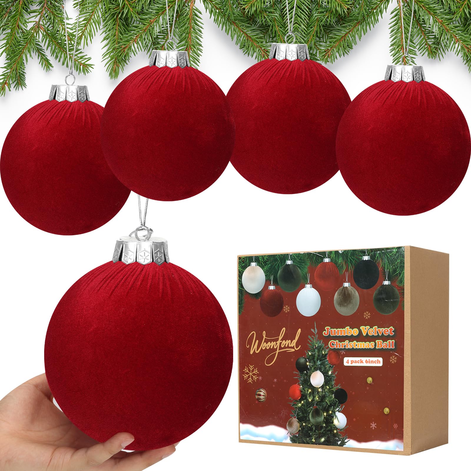 4 Pieces Jumbo Christmas Velvet Balls, Large Christmas Tree Ball Ornaments, Giant Xmas Tree Ornaments for Holiday Decorations (Dark Red, 6 inch)
