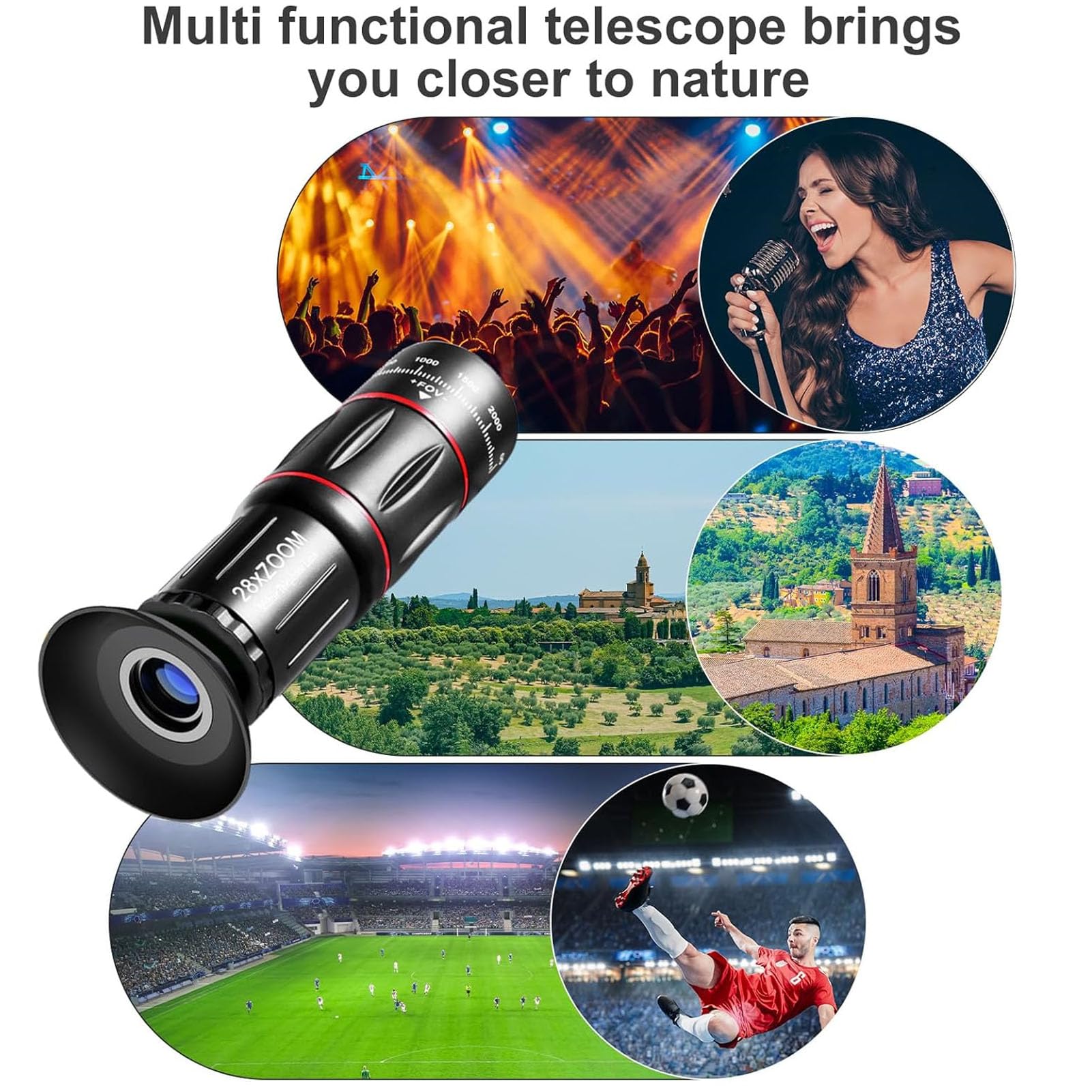 Dpofirs Kit Obiettivi Fotocamera Telefono, Set di Obiettivi Clip Universale 4 in 1 con Teleobiettivo 28X, Grandangolo 0,6X, 20X, Macro, Obiettivo Fisheye 198°, Morsetto Regolabile e