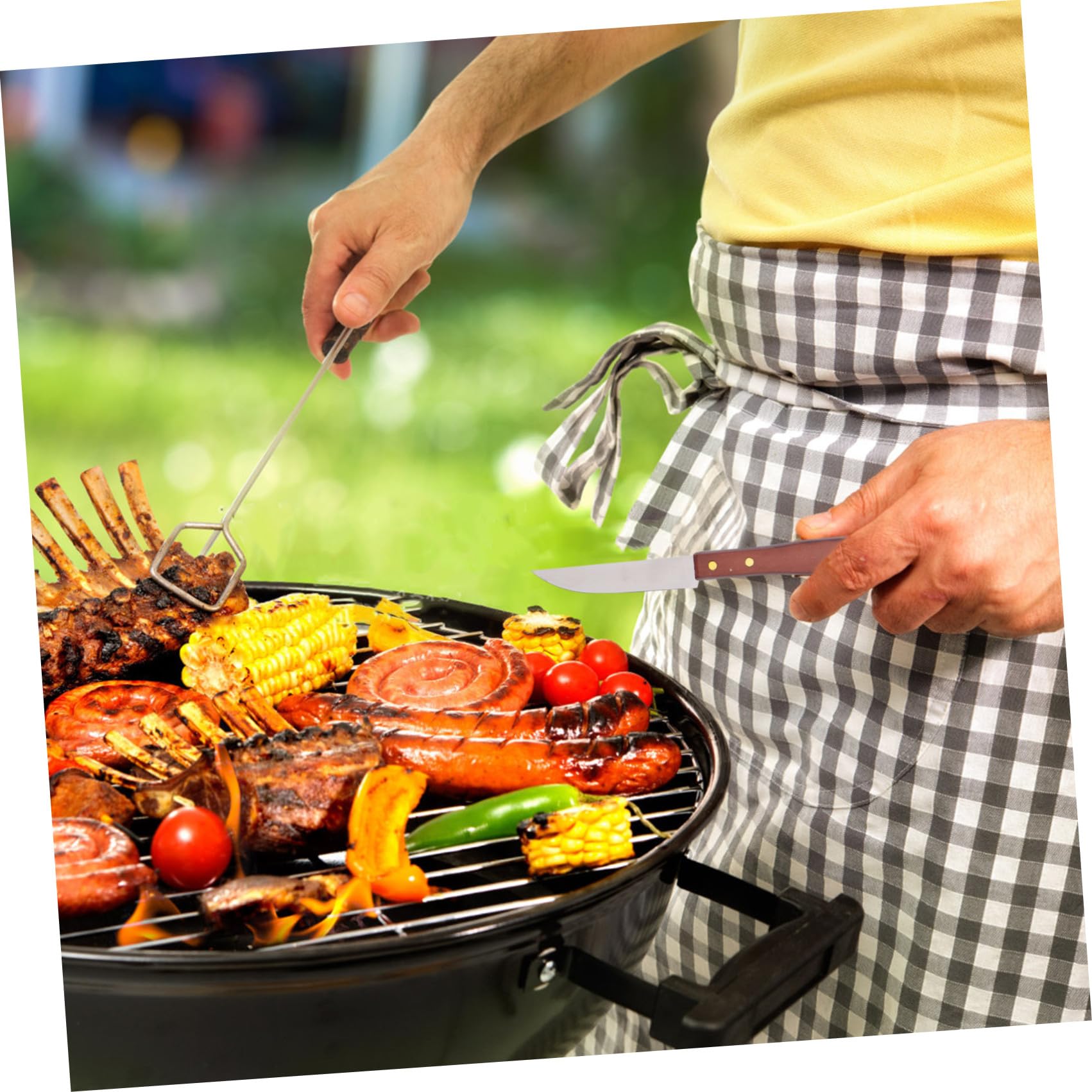 SHINEOFI Juego de Utensilios para Barbacoa 8 Piezas Mango de Madera Acero Inoxidable Delantal de Barbacoa Negro Accesorios Multifuncionales para Exterior Camping y Parrilla al Aire