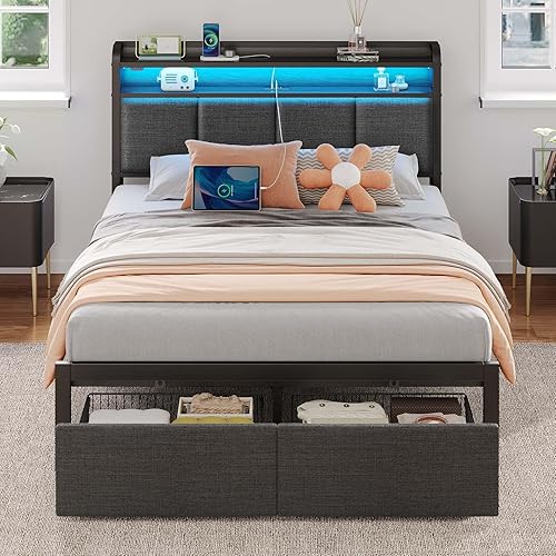 Miniatura 8 de Rolanstar Base de cama tamaño King con estación de carga y luces LED, cabecera de piel sintética con estantes de almacenamiento, listones de metal