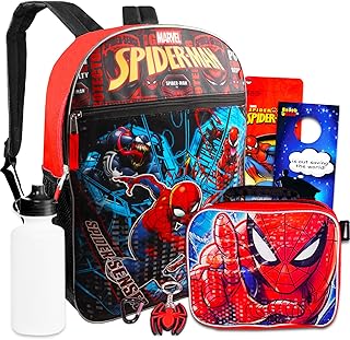 Marvel Spiderman Backpack with Lunch Box Set - Spiderman Backpack for Boys 4-6, Spiderman Lunch Box, Water Bottle, Stickers, More | Spiderman Backpack for Kids