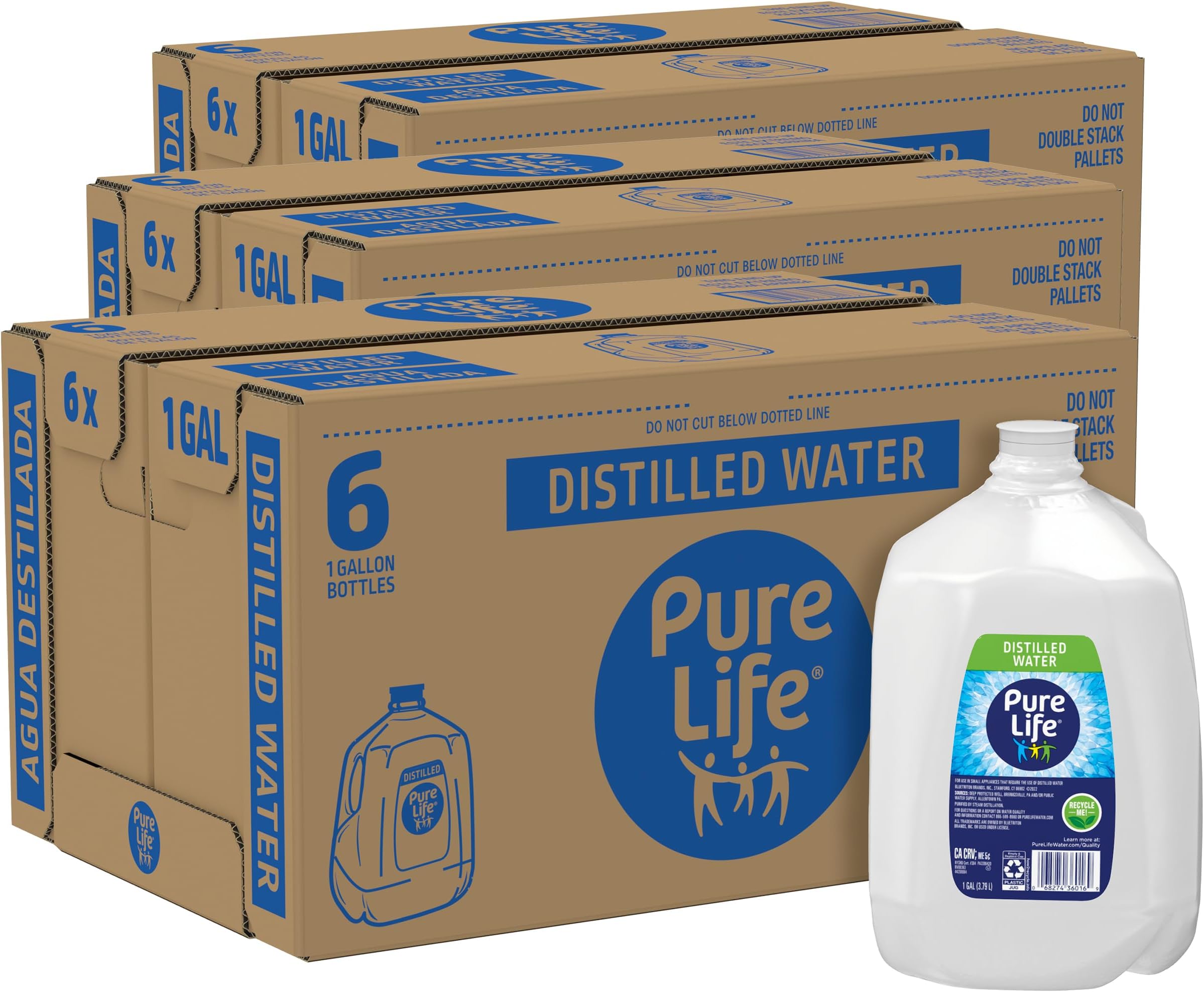 Pure Life Distilled Water Gallons - Cases of 6 1 Gallon Bottles - 3 Cases (18 Total Gallons)