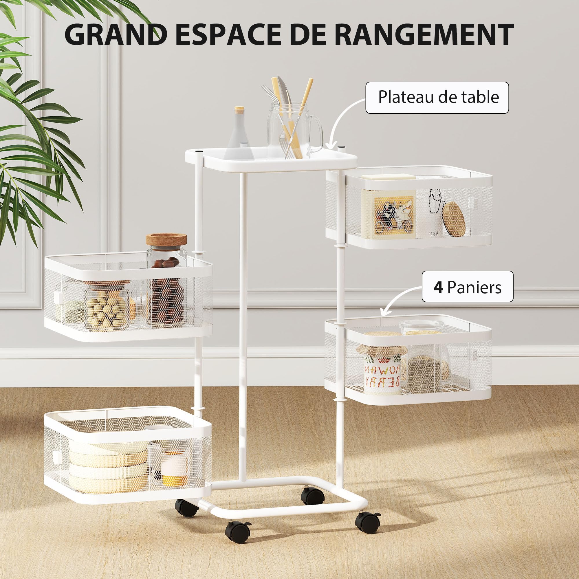 HOMCOM Resserre 4 paniers rotatifs sur Roues, Chariot de Rangement de Cuisine, Panier à légumes et Fruits avec Plateau supérieur, étagère en Fil d'acier, pour Cuisine, Salon et Chambre, Blanc