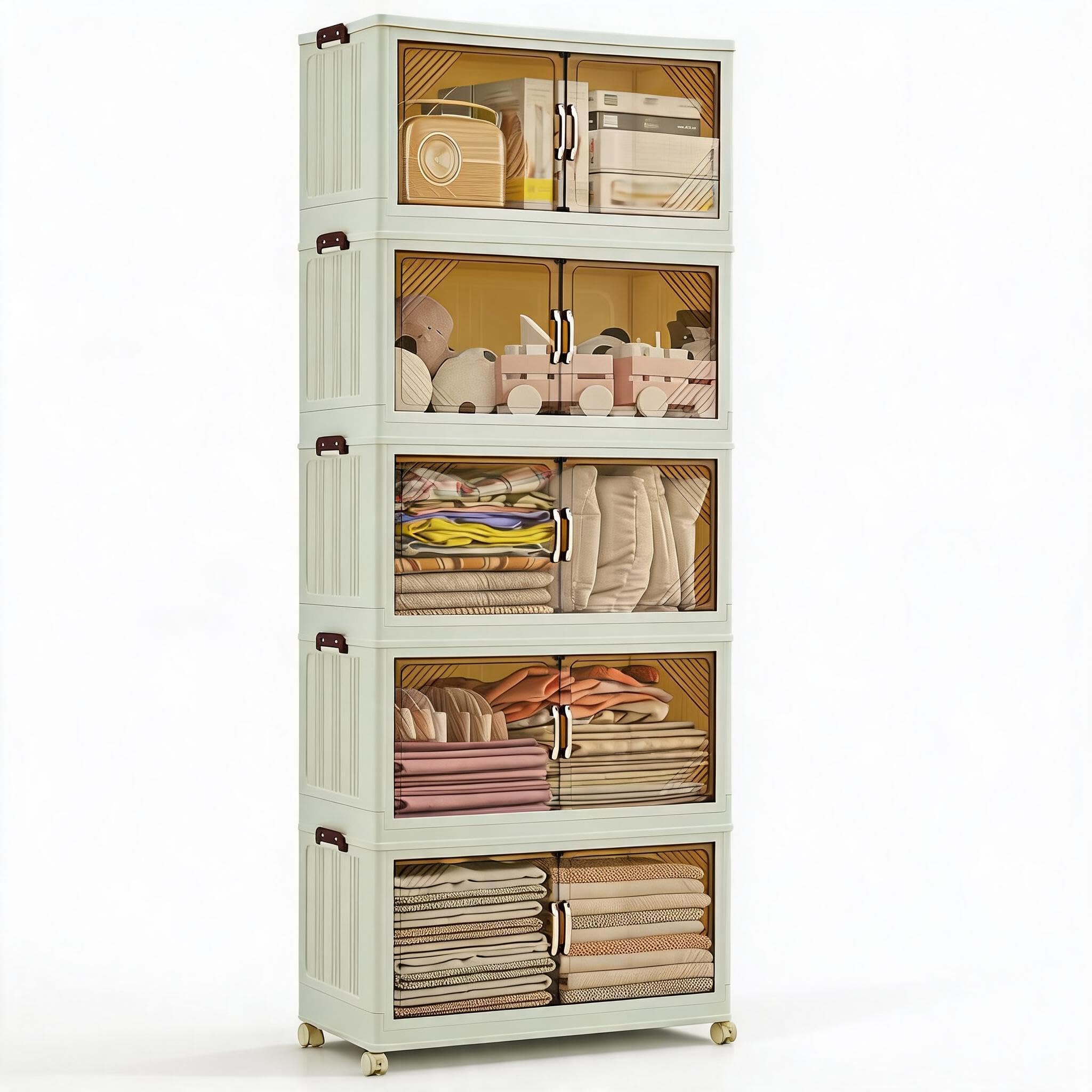 Grand capacité 630L – Boîte de rangement empilable avec couvercle et tiroirs pliables – Portes magnétiques, roulettes verrouillables – Parfaite pour chambre, armoire, bureau – Plastique