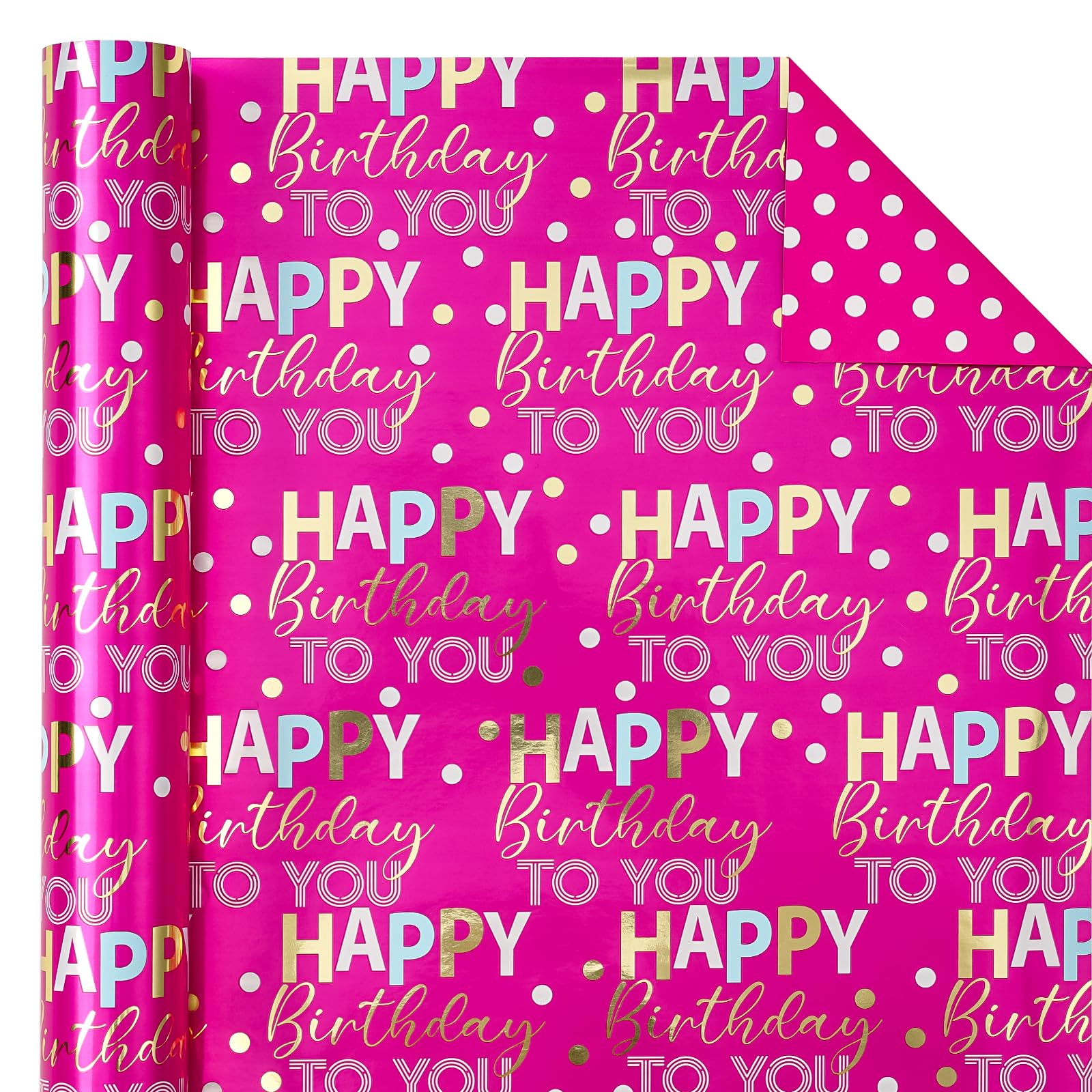 WRAPAHOLIC Papel de regalo de cumpleaños reversible jumbo, 30 pulgadas x 33 pies, papel de regalo de feliz cumpleaños rosa intenso y dorado para niñas, mujeres, niños, baby shower