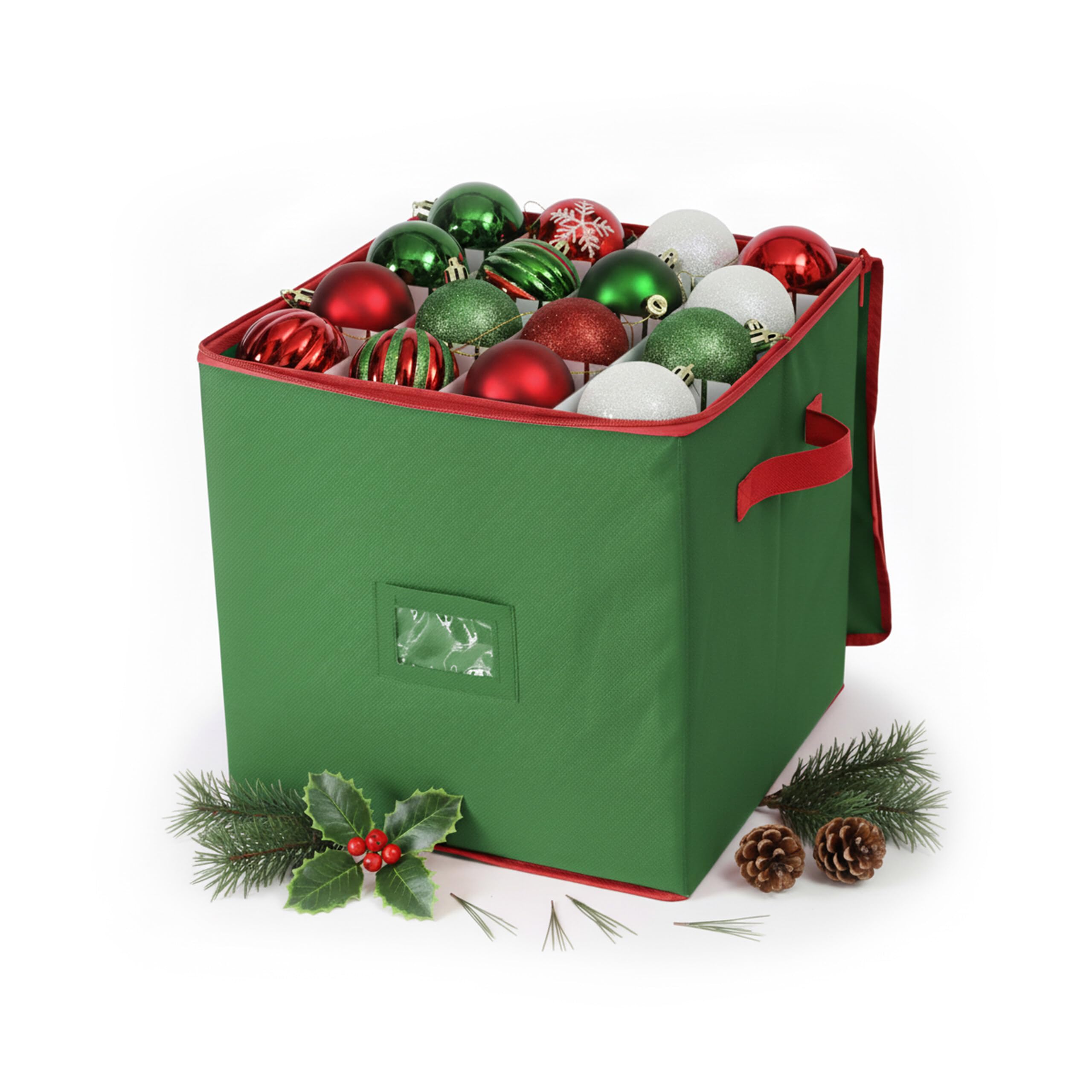 Relaxdays Christmas bauble storage box, 64 baubles, HxWxD: 33 x 33 x 33 cm, polyester, cardboard, ball box, green/red