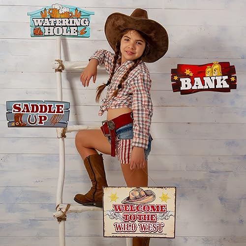 Miniatura 6 de Jetec Letrero direccional de fiesta occidental, 20 piezas con tema de rodeo de vaquero occidental, fiesta del salvaje oeste, letrero grande para