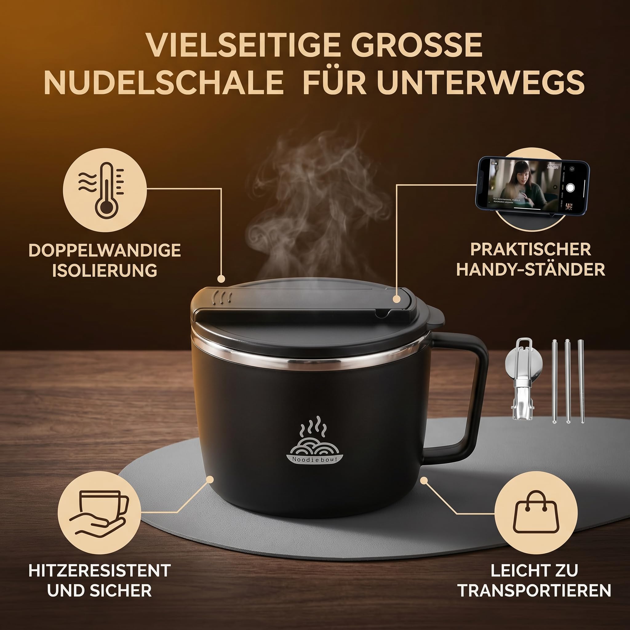 Doppelwandige Ramen-Schüssel aus Edelstahl mit Telefonhalter, 1200 ml, Tragbare Suppenschale für Büro, Schwarz