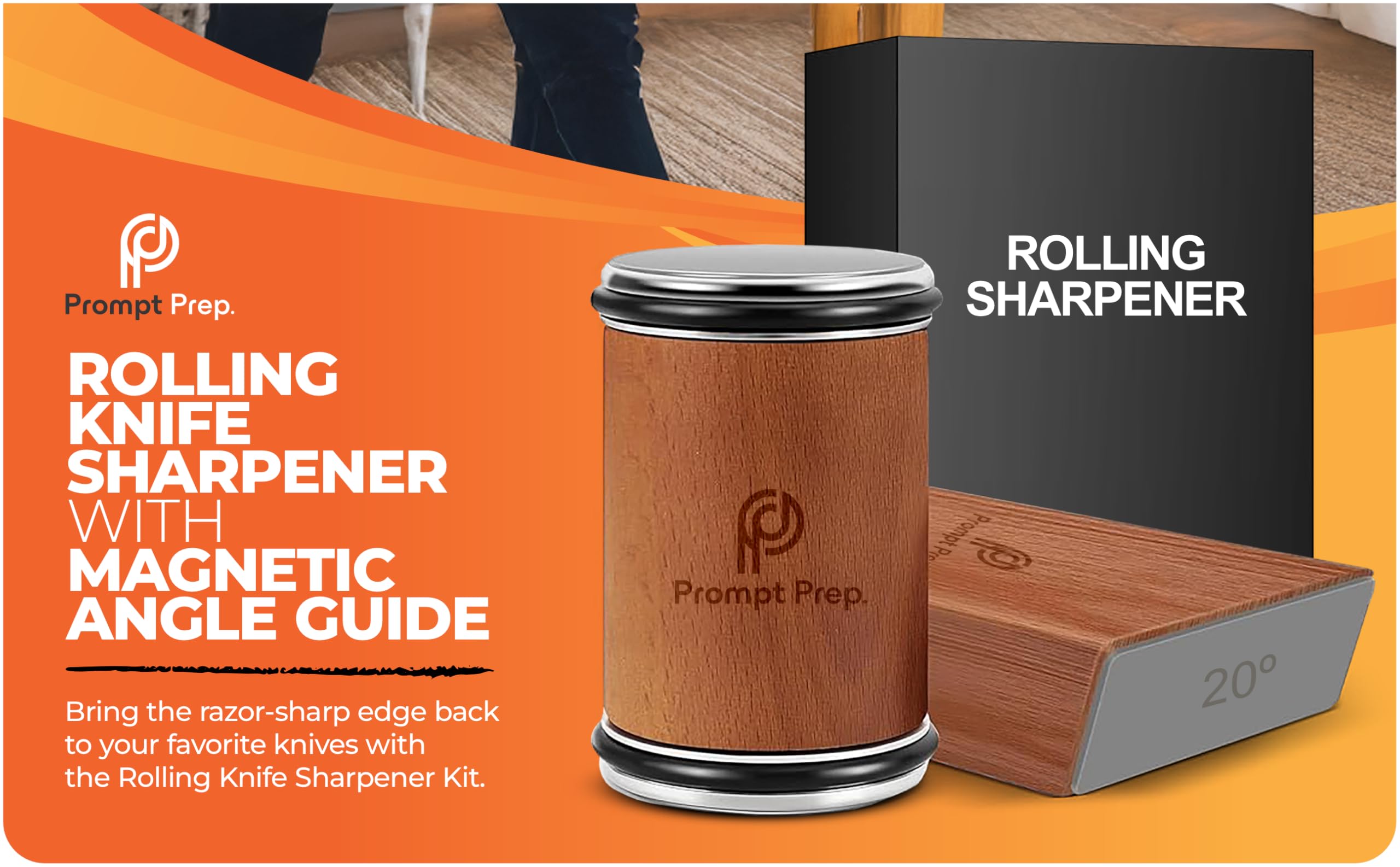 Prompt Prep Rolling Knife Sharpener | Easy Knife Sharpening Tool for Kitchen | 15° & 20° Adjustable Angles | Professional Knife Sharpener for Chef & Home Use