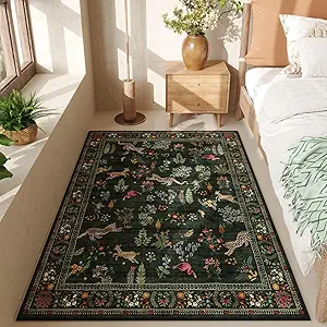 Bedroom Rug 3x5 Rug Washable Area Rug Non Slip Low Pile Boho Floral Animal Small Carpet for Bedroom, Bedside, Kitchen, Entryway, Kids Room, Office, College Dorm Essentials for Girls (Green)