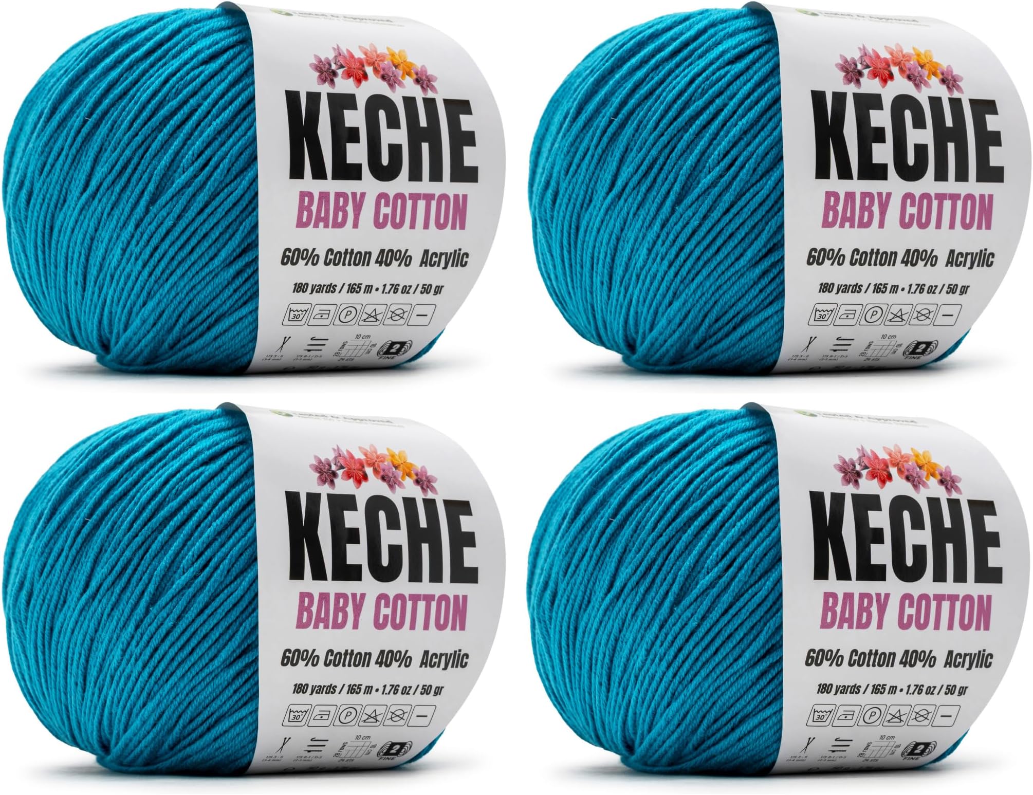 Keche Cotton Yarn, 60% Cotton 40% Acrylic Yarn, Soft Cotton Yarn for Crochet and Knitting, Amigurumi Yarn 4 Skeins/Balls [1.76 Oz (50g) / 180 Yrds (165m)] x 4 - Blue
