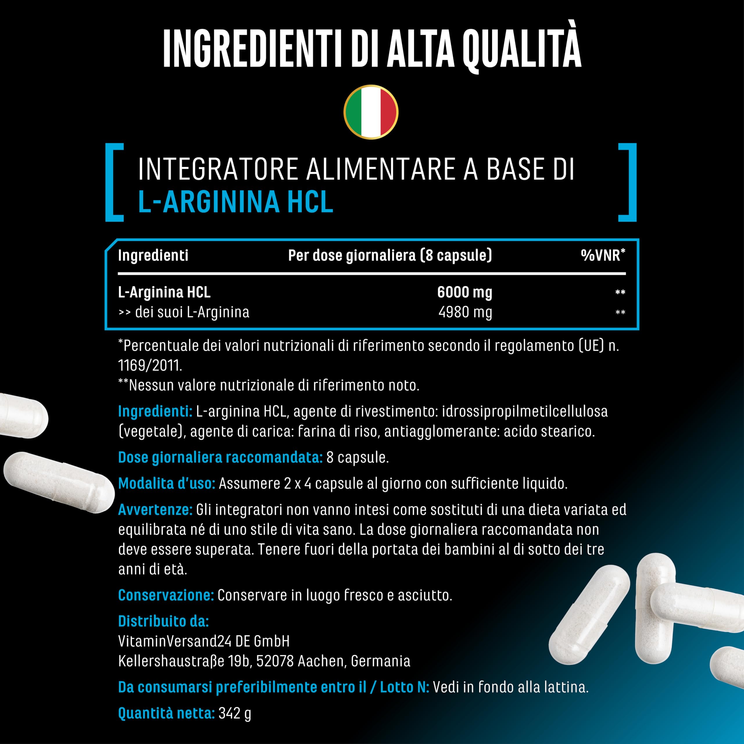 L-Arginin – 380 capsule vegane – 6000 mg di L-arginina HCL per porzione giornaliera con 4980 mg di arginina pura – Amminoacido ad alto dosaggio di origine vegetale