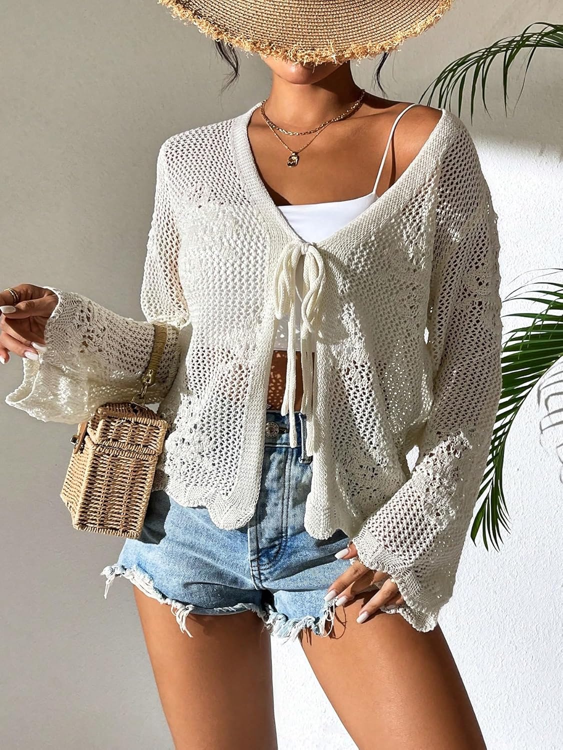 Milumia Women's Tie Front Hollow Out Crochet Light Weight Long Sleeve Cardigans - Image 6