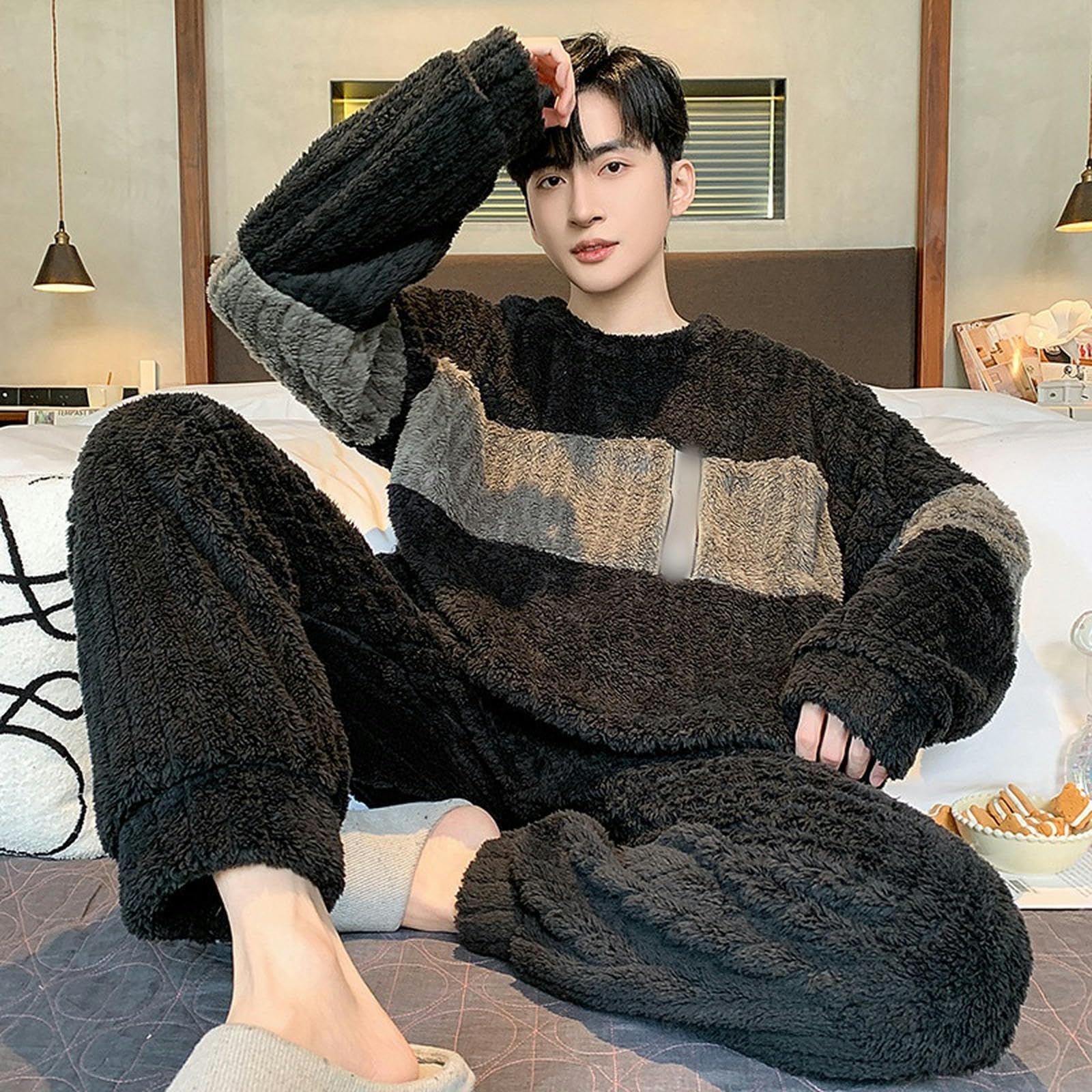 Pigiama in Flanella Pigiatura da Uomo A Manica Lunga Jacquard Abiti da Casa Peluche Inverno Sciolto Caloroso Set A Due Pezzi-Black+caffè-XXL