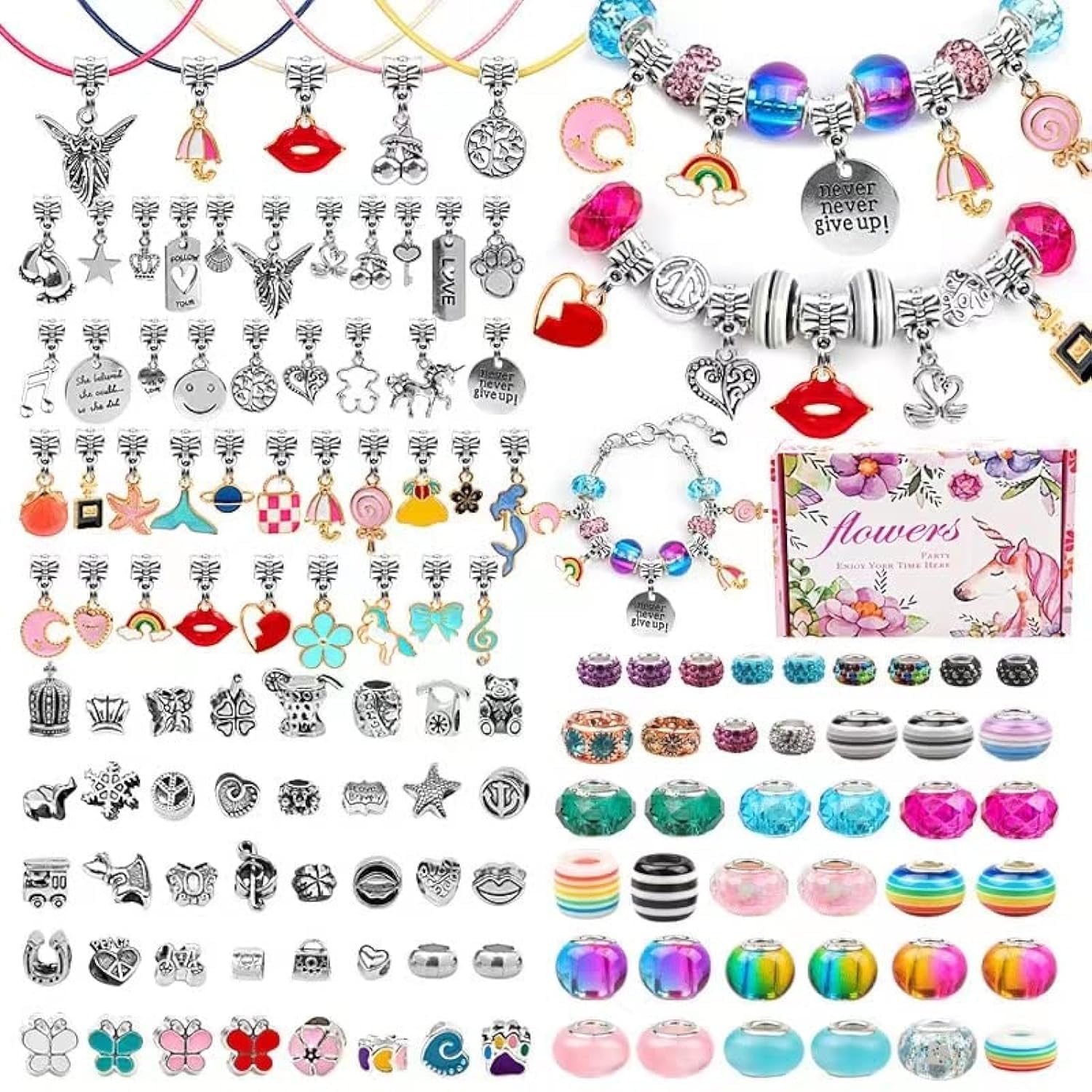 130 PCS DIY Bracelet Making Kit for Girls, Charm Bracelets Kit with Beads, Pendant Charms, Bracelets and Necklace String for Bracelets Craft & Necklace Making, Gift Idea for 8-12 Year Old Girl