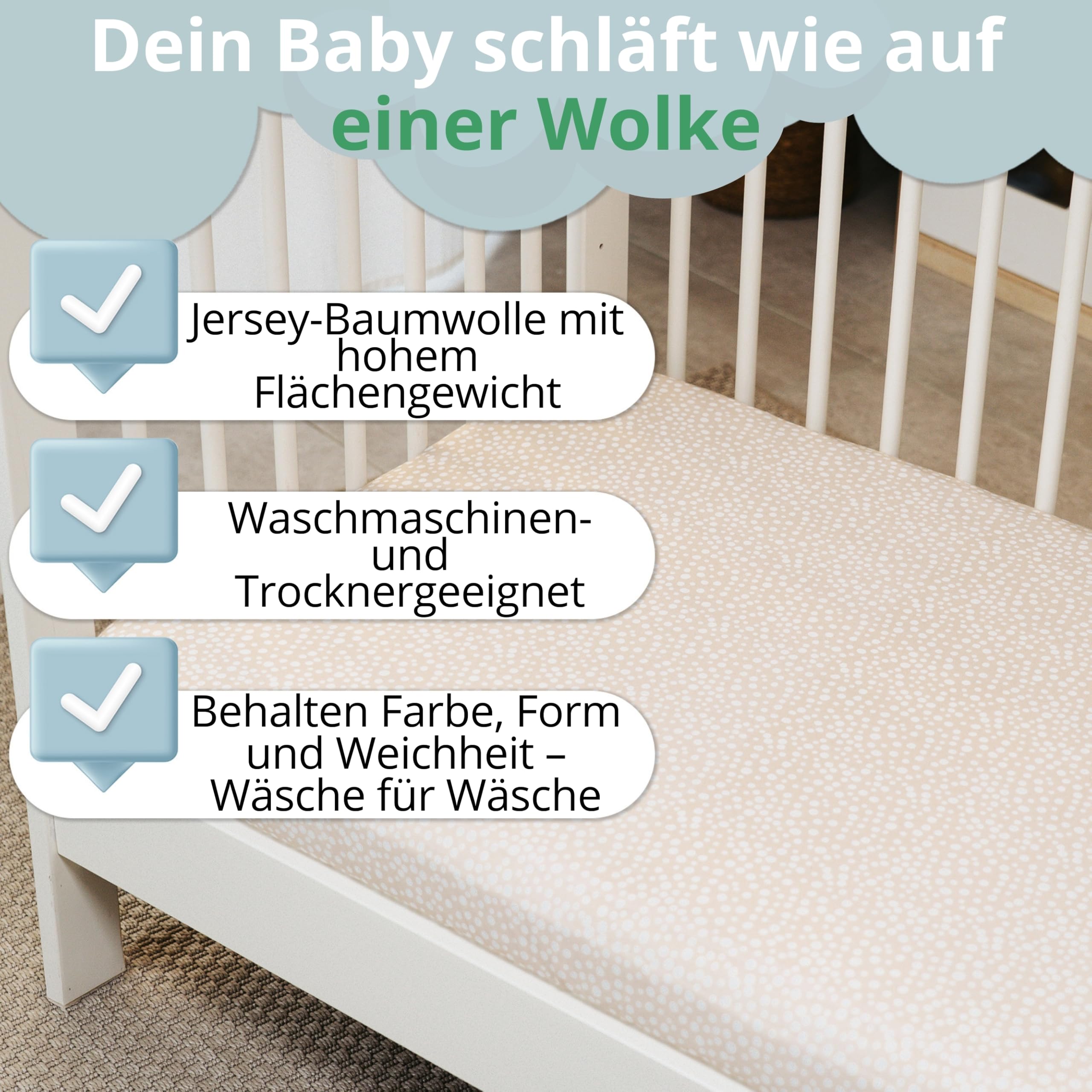 Spannbettlaken 70x160 Set für Kinderbett. 2 Spannbettlaken aus Baumwoll-Jersey + 1 Matratzenschoner Wasserdicht für Kinderbett. OekoTex Zertifikat. Beige-Muster 160x70
