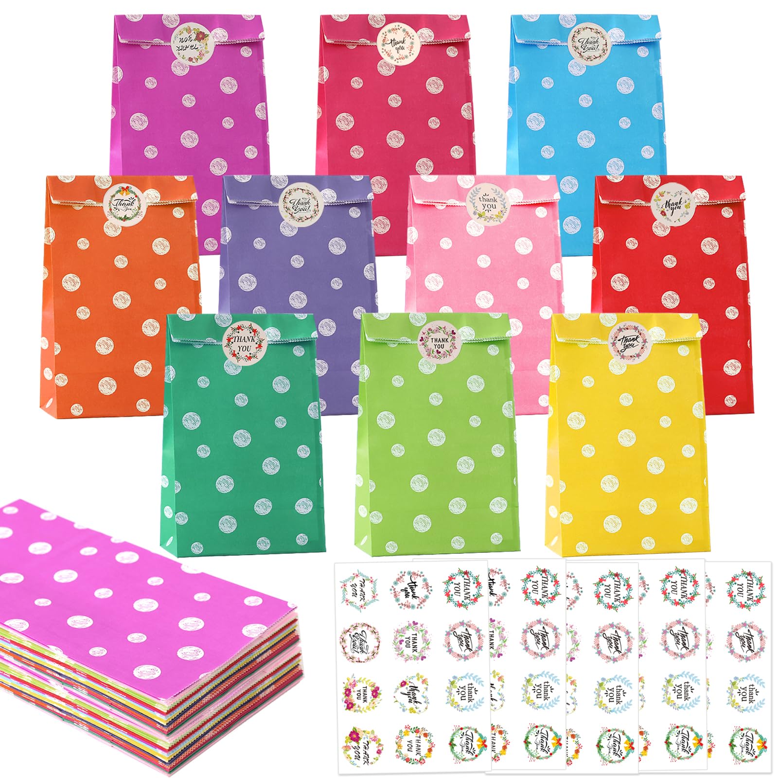 50 Pack Party Bags for Kids Party, 10 Colour Paper Party Bags with 60 Thank You Stickers, 22x12x7cm Small Paper Gift Bags, Flat Bottom Kraft Paper Kids Party Bags for Birthday, Christmas & Halloween
