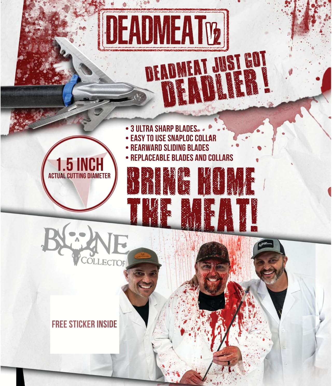 G5 Deadmeat V2 Expandable 3-Blade Broadheads | 3-Pack | 100/125 Grains | Razor Sharp 1.5" Cutting Diameter Mechanical Blades | Screw in | Compound & Recurve Compatible | 1 BMP Practice Tip Included