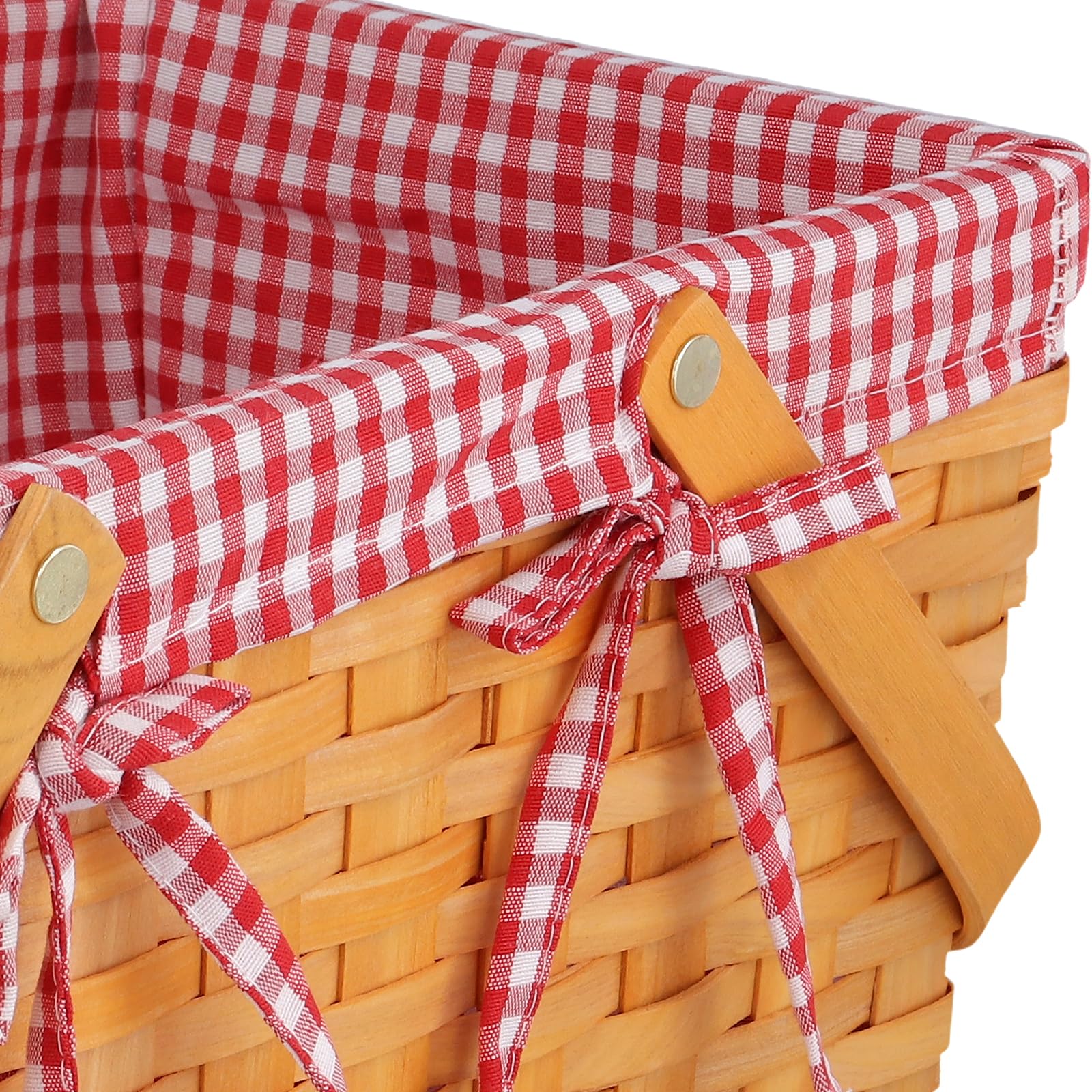 Cesta de picnic hecha a mano de madera, 34 x 21 x 16 cm, cesta de regalo trenzada con forro de tela, color marrón miel