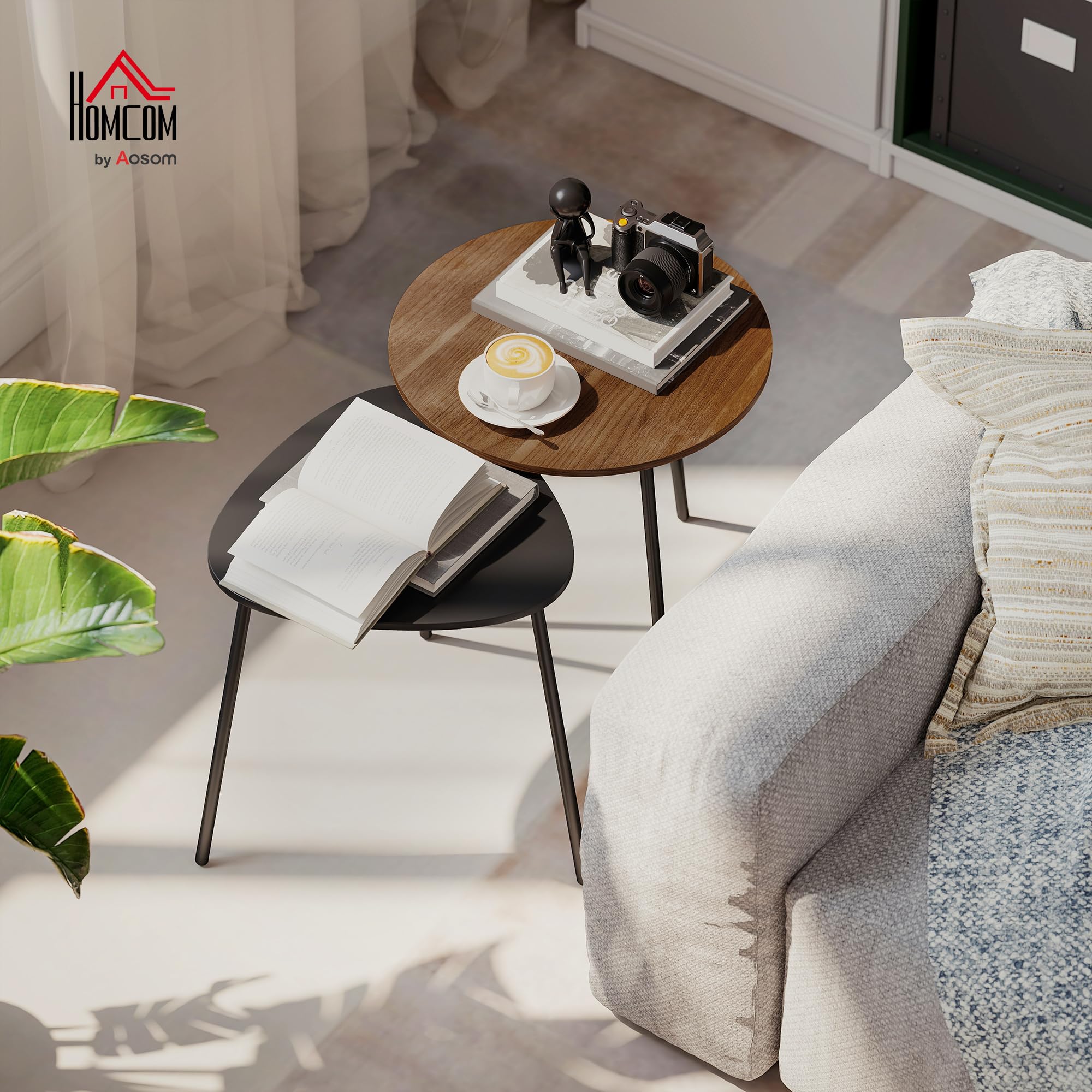 HOMCOM 2 mesas de café Nido, contemporáneo, Nogal y Negro | Mesas laterales de metal, formas redondas y triangulares, mesa de sofá para salón y dormitorio
