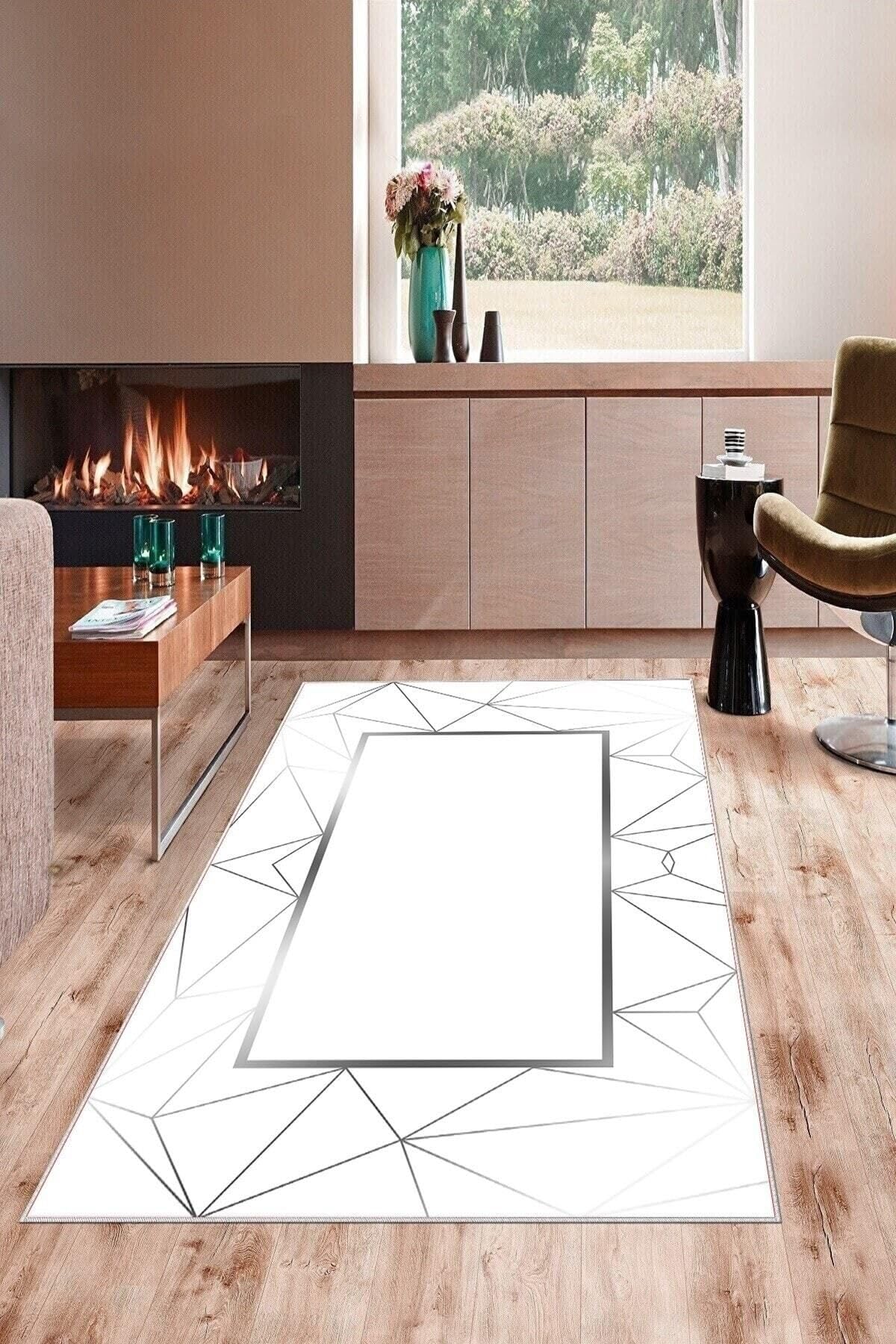 Pelangi Beyaz Zemin Gri Çizgili Yıkanabilir Kaymaz Taban Leke Tutmaz Modern Salon Halısı Ve Yolluk, Beyaz 100 x 400, 7457128010040005