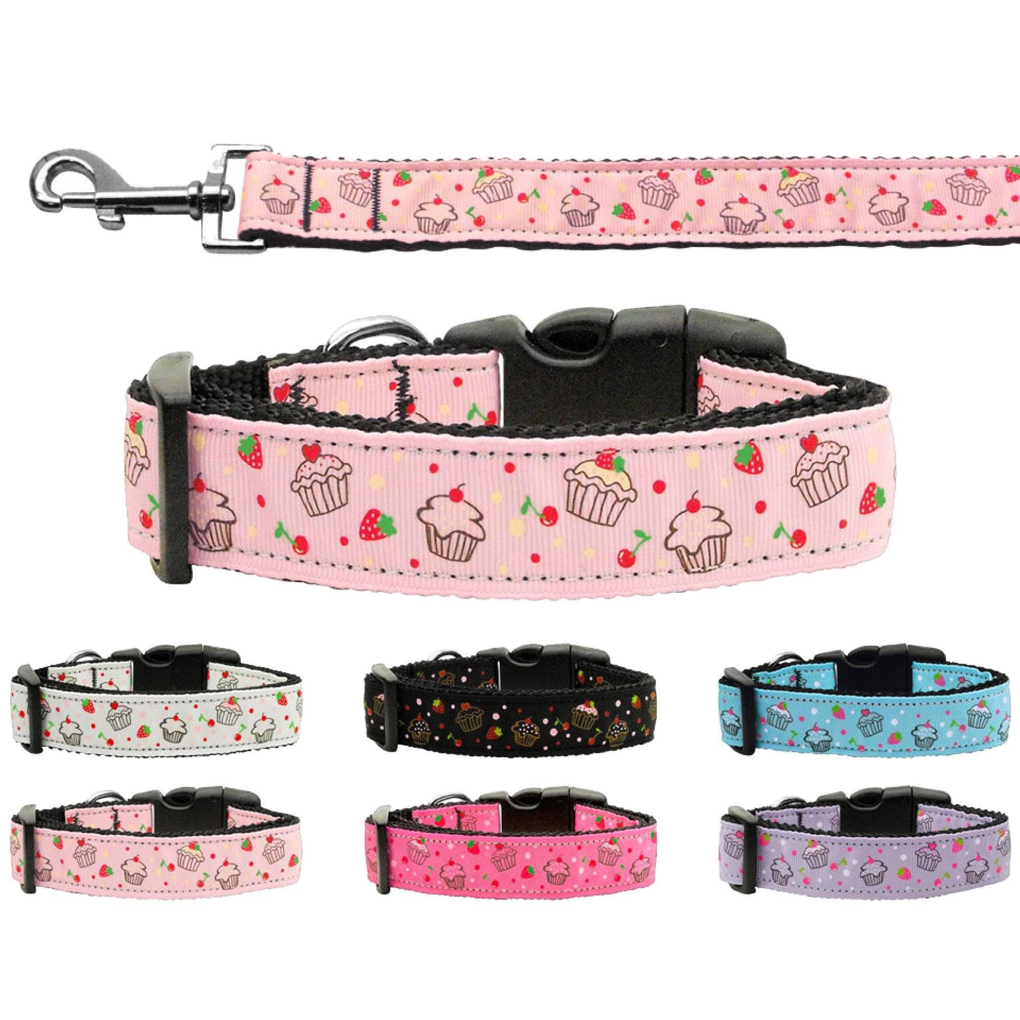 Pet Dog & Cat Nylon Collar or Leash, Cupcakes - SM Collar - Bright Pink