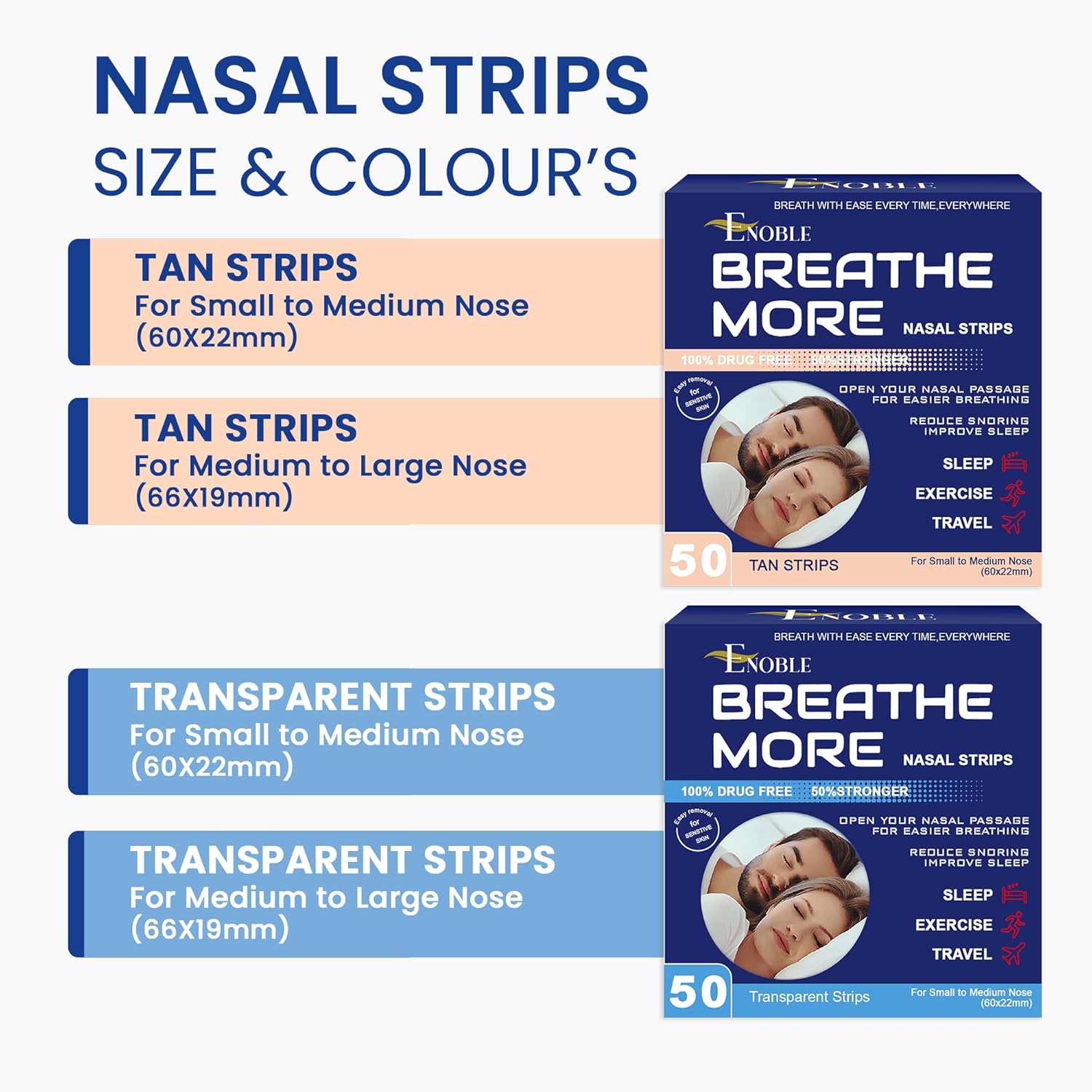 Breathe More Extra Strength Clear Nasal Strips for Snoring Relief & Easy Breathing | 50 Ct |Wide Fit | Latex-Free, Drug-Free | Strong Adhesion | Sensitive Skin | Cold & Allergy Congestion Relief - Image 7