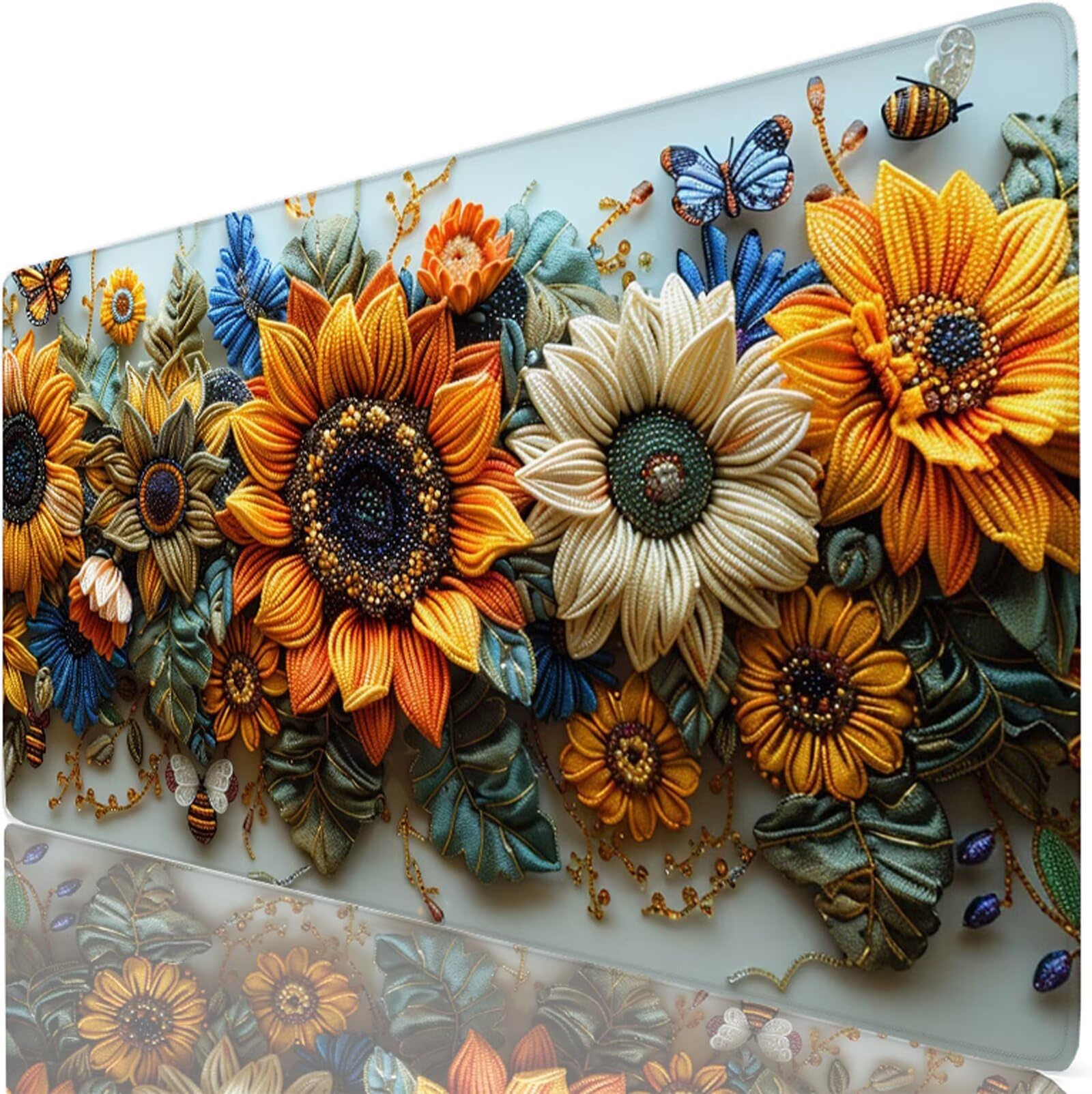 Blanca Alfombrilla Ratón XXL 150x80 cm Mouse Pad Grande Gaming Girasol Alfombrilla Escritorio Antideslizante, Protector de Mesa para Ordenador y Teclado, Alfombrilla Gamer con Bordes Cosidos W6-87
