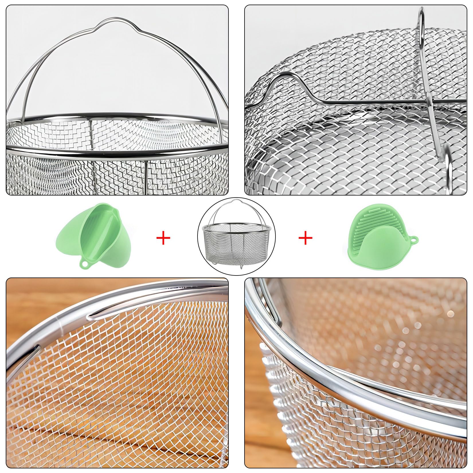 Cesta de malla para vapor, cesta de malla de acero inoxidable e inserto, ollas a presión y ollas, para lavar, freír, cocinar al vapor o frutas, verduras, granos y pastas (2 guantes de silicona gratis)