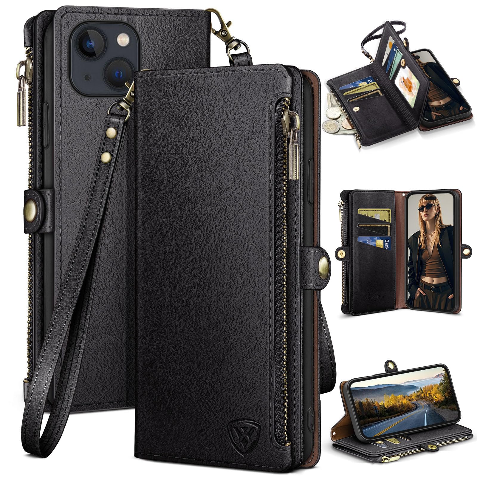 XcaseBar for iPhone 15 Plus 6.7" Wallet case with Zipper Credit Card Holder RFID Blocking,Flip Folio Book PU Leather Shockproof Strap Protective Cover