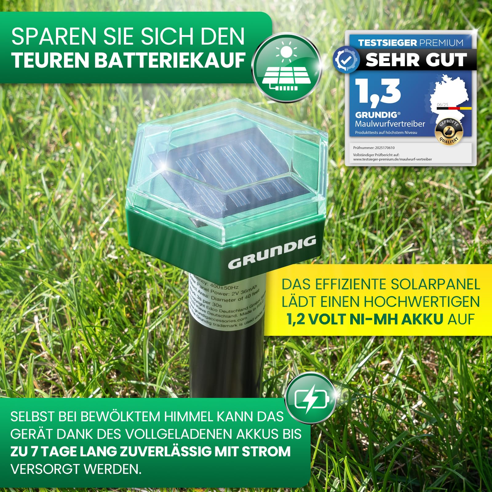 GRUNDIG Maulwurf Vertreiber Wühlmausschreck 2erPack - SCHNELLE Ergebnisse mit extremen Wirkradius I Wühlmaus, Maulwurf vertreiben - Solar Maulwurfschreck Maulwurfvertreiber (2 Stück (1Set))