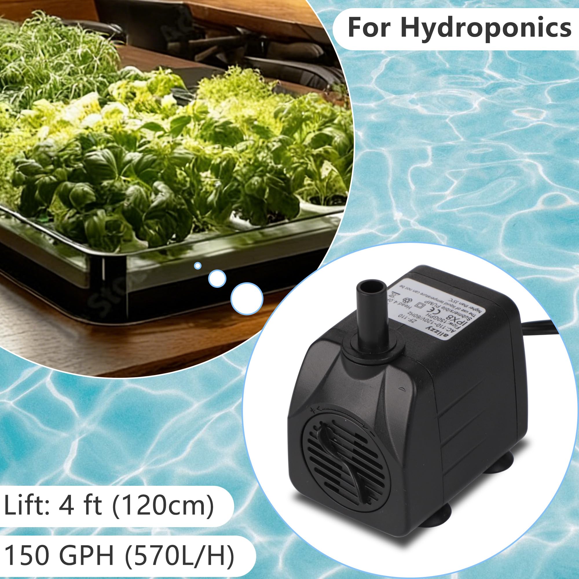 alizzy - Bomba de agua sumergible pequeña de 150 GPH (570 L/H, 10 W), bomba de fuente de agua ultra silenciosa con elevación de 4 pies y cable de alimentación de 6 pies para acuario, pecera, función