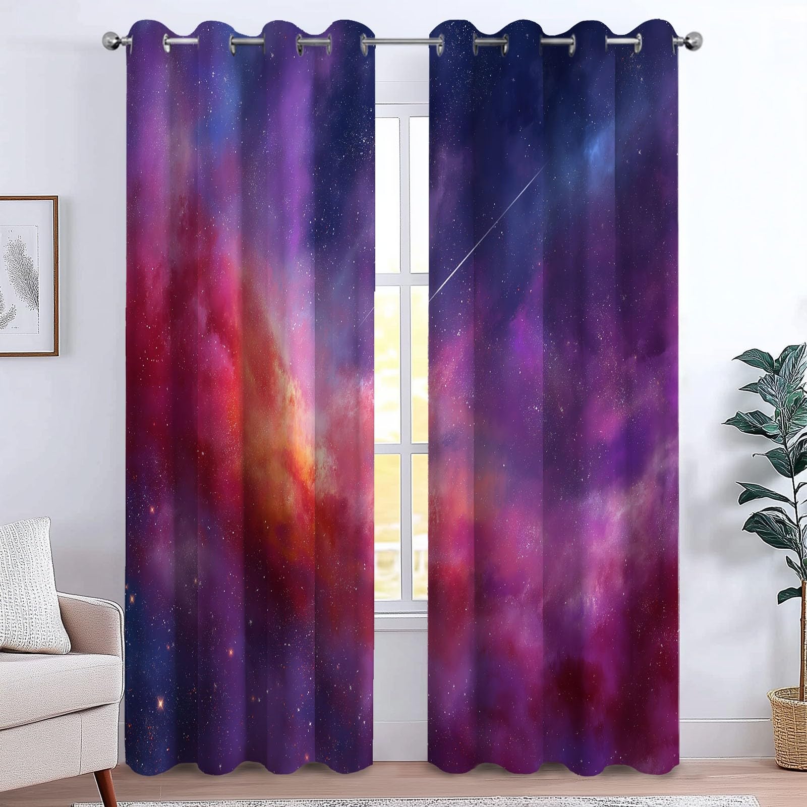 Générique Rideaux Occultants Météore Nébuleuse Lot de 2 Panneaux 140 x 260 cm, Isolation Thermique et Anti-Bruit à Œillets, Espace Univers Déco Douce pour Chambre Fille Violet Foncé