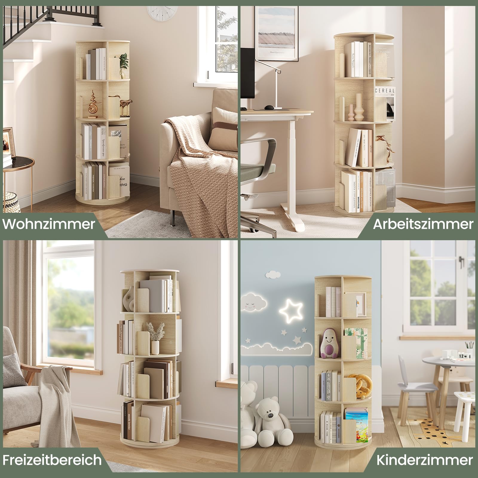 EUGAD drehbares Bücherregal 360 Grad, 4 Ebenen 16 Fächer, Standregal, Drehregal, Büroregal, Dekoregal, Lagerregal, für Wohnzimmer Schlafzimmer Büro Kinderzimmer, helle Eiche, φ44xH127,4 cm 0045SHG