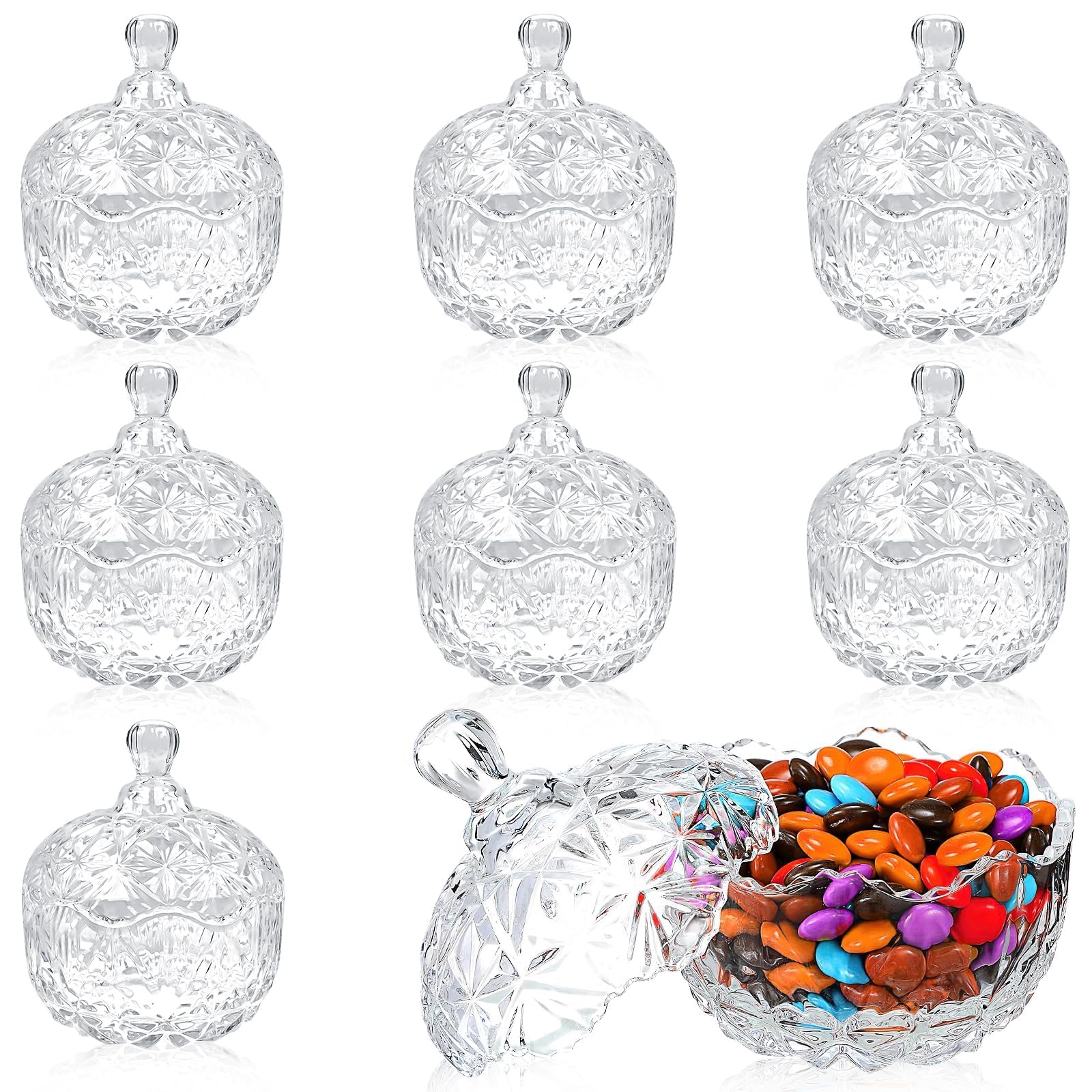 Bonbonnières en Verre Vintage avec Couvercle – Lot de 8 Pots Décoratifs 240 ml, Boîte à Bonbons Rétro pour Mariage, Table, Sucre, Fruits Secs, Cuisine