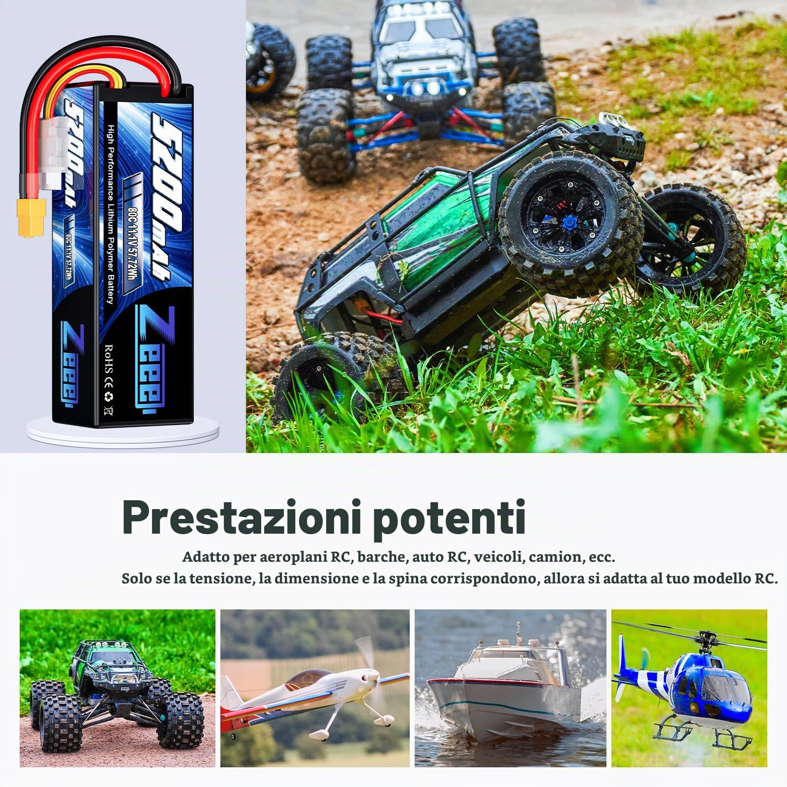 Zeee 3S Lipo 5200mAh 11.1V 80C RC Batteria Spina XT60 (2 pezzi)