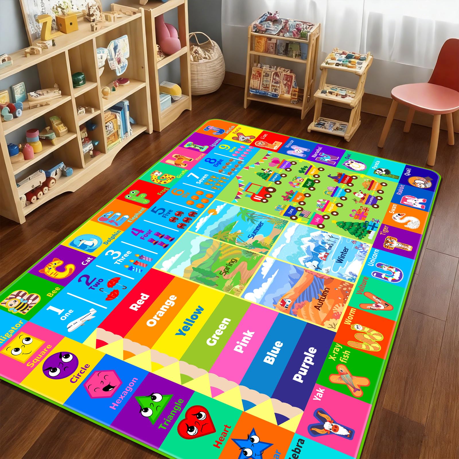 DINSUMRUG Kids Rug for Playroom, Baby Playmat with Alphabet, Month, Weather, Week and Shapes ABC Educational Rug, Play Carpet for Bedroom Classroom (150X100 CM, Season&Month)