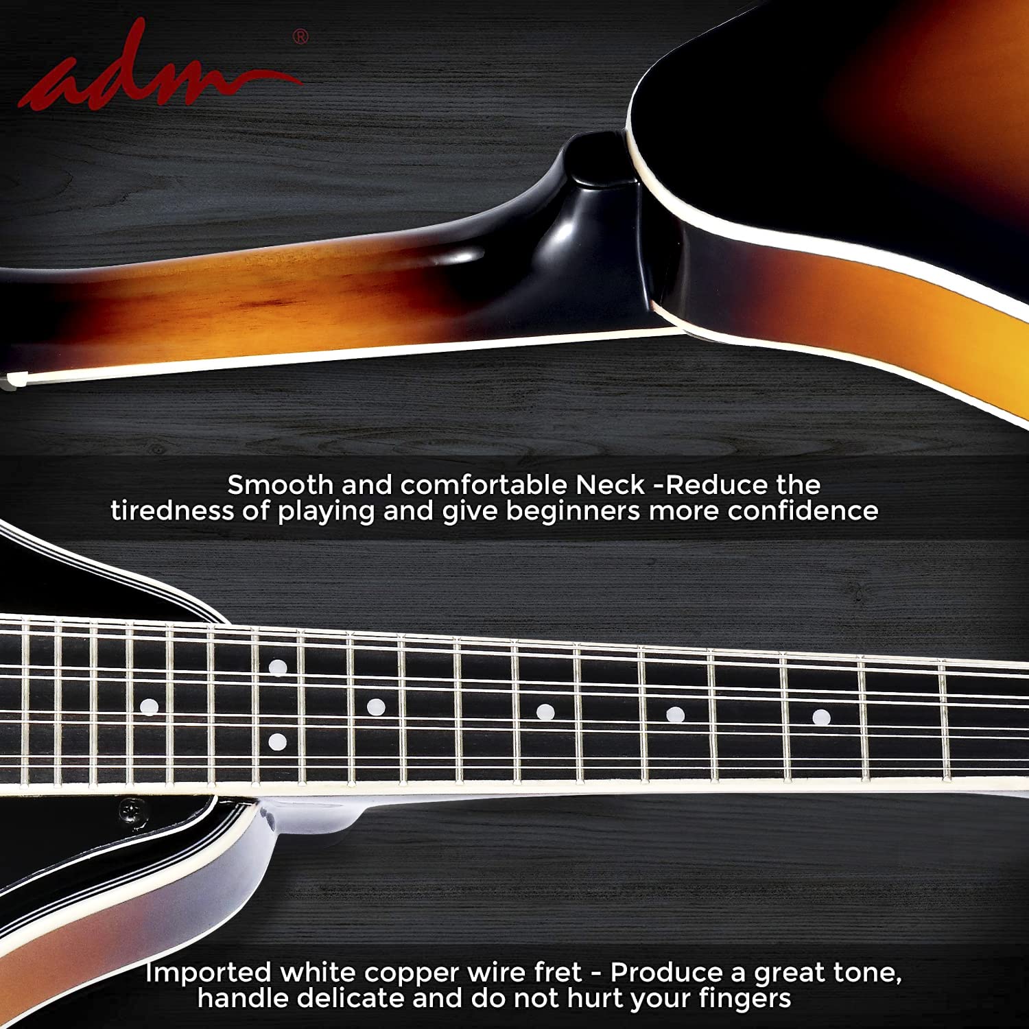 ADM Akustisches Mandolinen-Instrumenten-Set, Musik, A-Stil für Kinder, Studenten, Erwachsene, Holz-Mandolinen, Anfänger-Set mit Tasche, Stimmgerät, EQ, Gurt, Saiten, Plektren und Aufhänger, Sunbrust