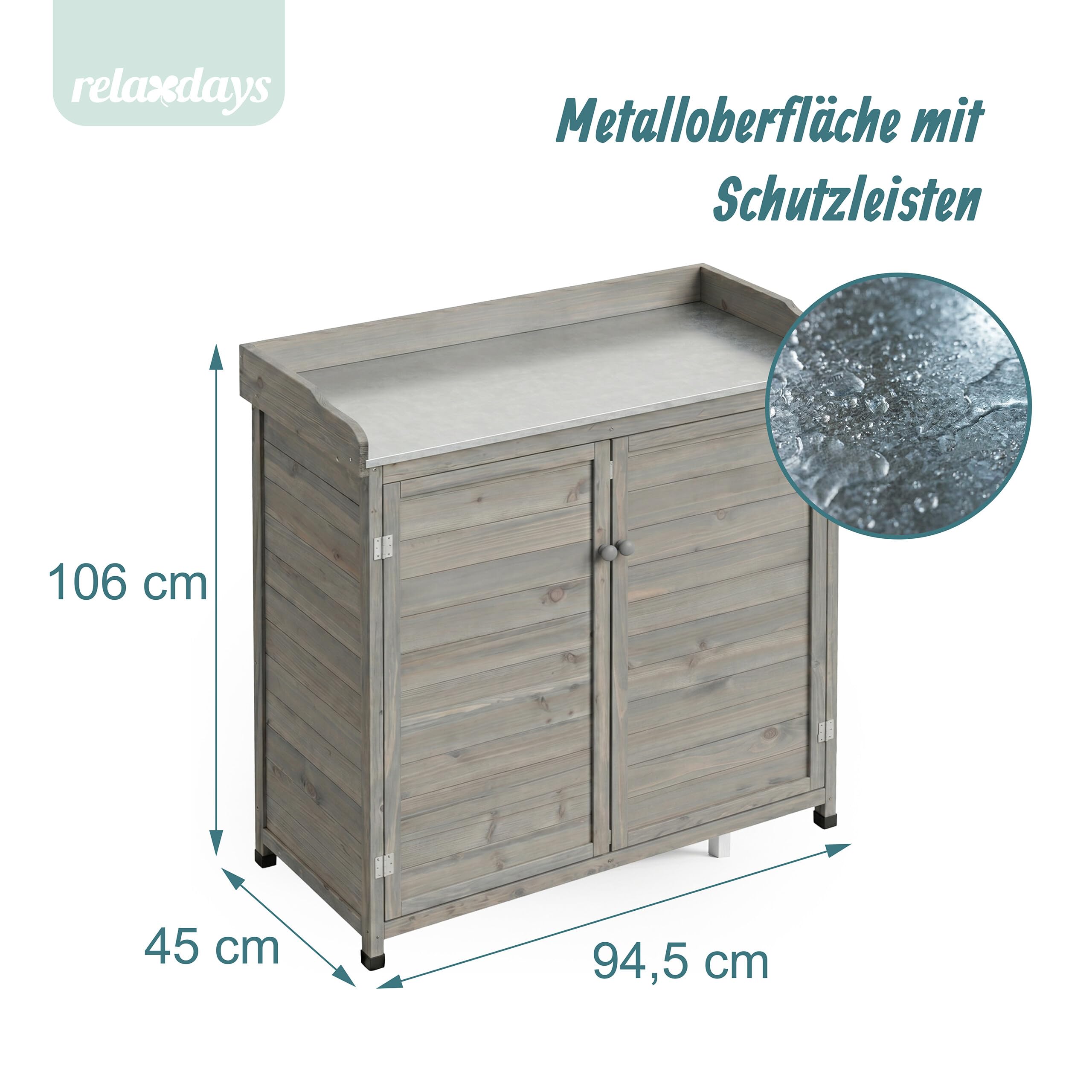 Relaxdays Pflanztisch mit Unterschrank, Holz, verzinkte Arbeitsplatte, grau