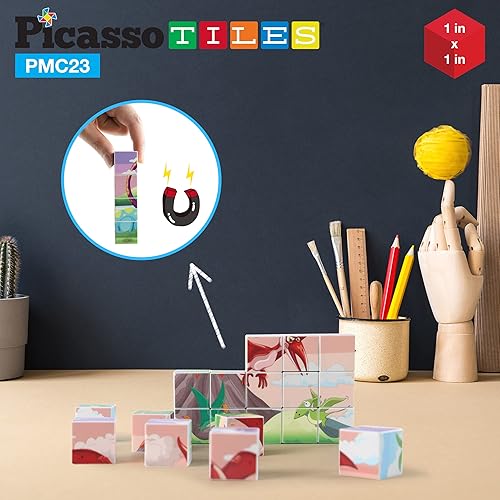 Miniatura 2 de PicassoTiles 20 piezas de rompecabezas de cubo magnético 6 en 1 con diseño de dinosaurio temático imán, cubos de construcción de 120 imágenes de