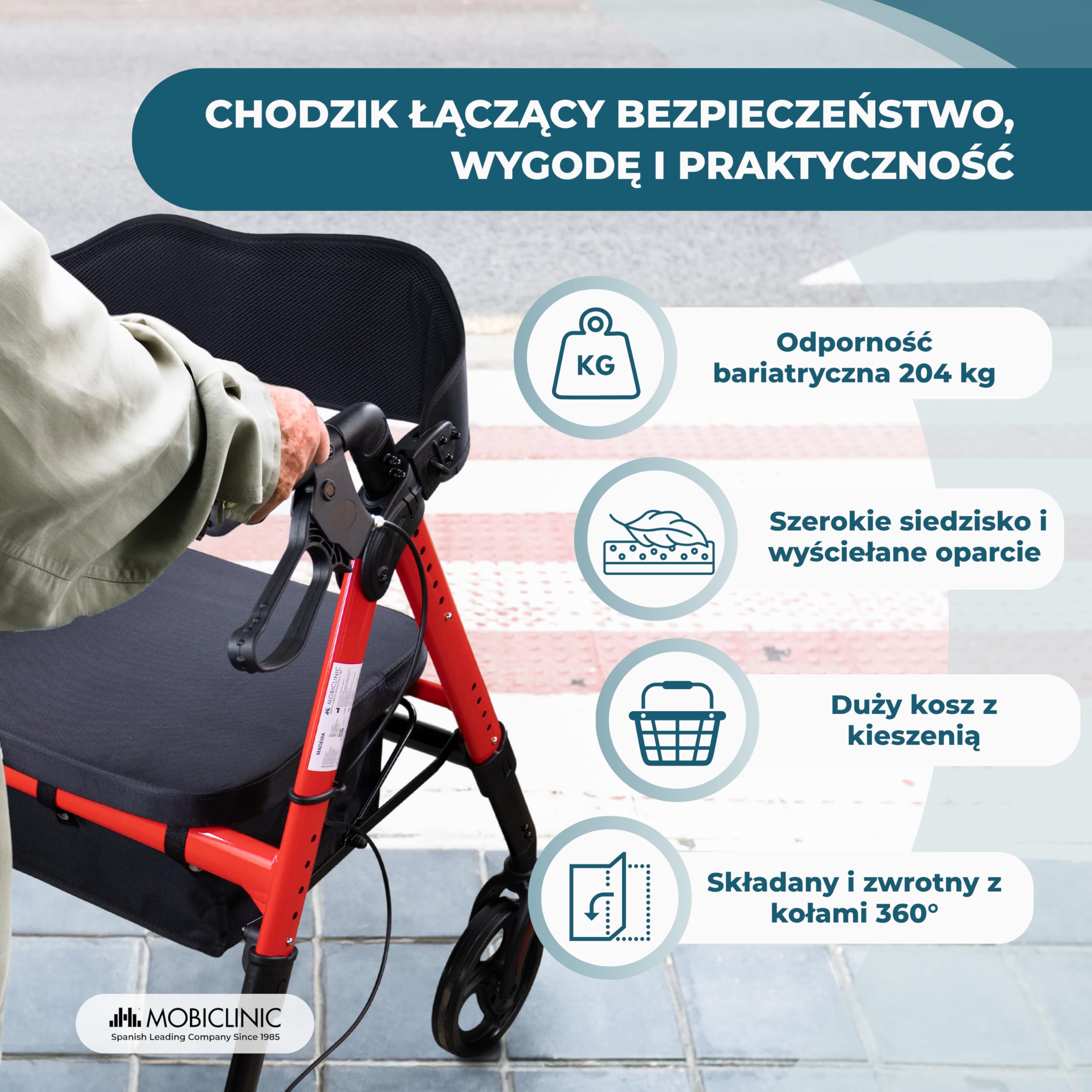 Mobiclinic®, Chodzik Bariatryczny, XXL, do 204 Kg, Specjalna Szerokość, Składany, Regulowana Kierownica i Siedzisko, Kółka 360º, Oparcie, Kosz XL, Wzmocnione Aluminium, Madeira